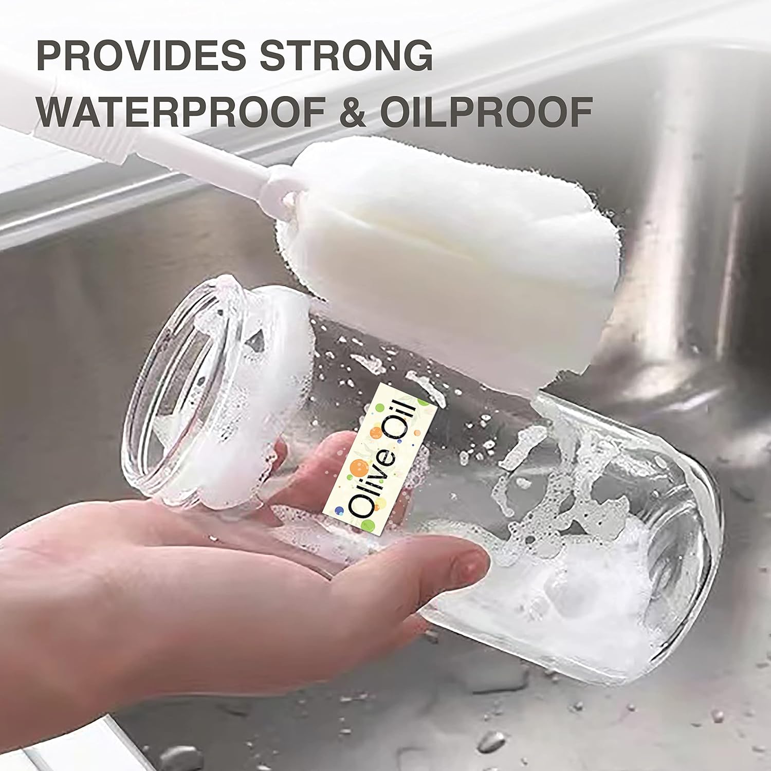 Label on a bottle being washed, demonstrating waterproof and oilproof properties