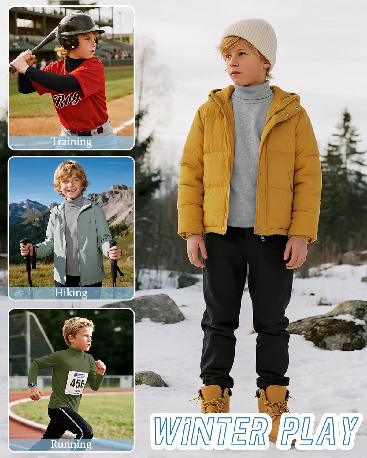 3 Pack Boys Thermal Turtleneck Long Sleeve Fleece Tops, Compression Shirts Youth Basic Layer Warm Undershirt Winter - Image 2