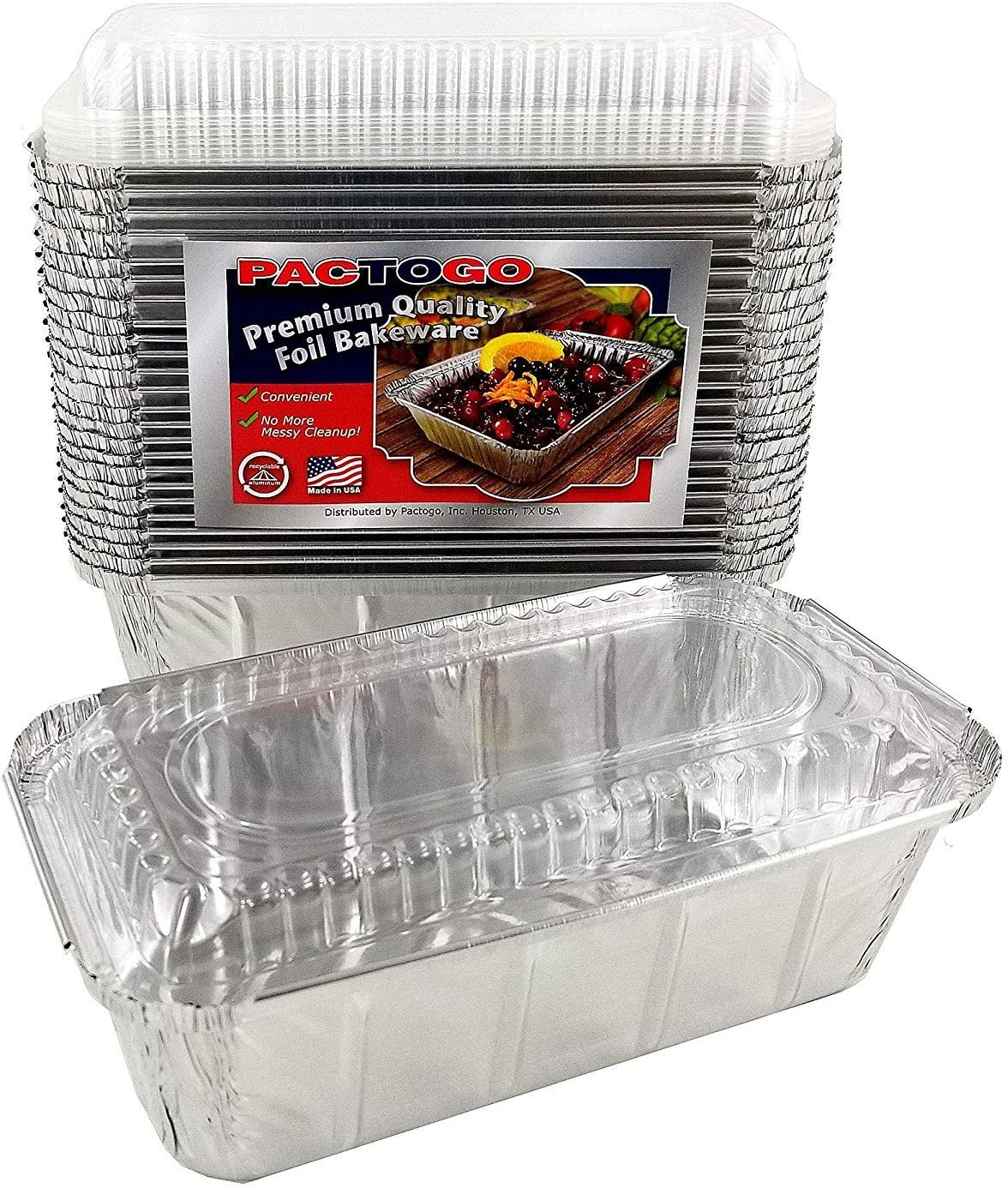 PACTOGO 1 1/2 lb. IVC Disposable Aluminum Foil Loaf Bread Pan w/Clear Dome Lid (8" x 4.1" x 2.2") - Heavy Duty Made in USA (Pack of 50 Sets)