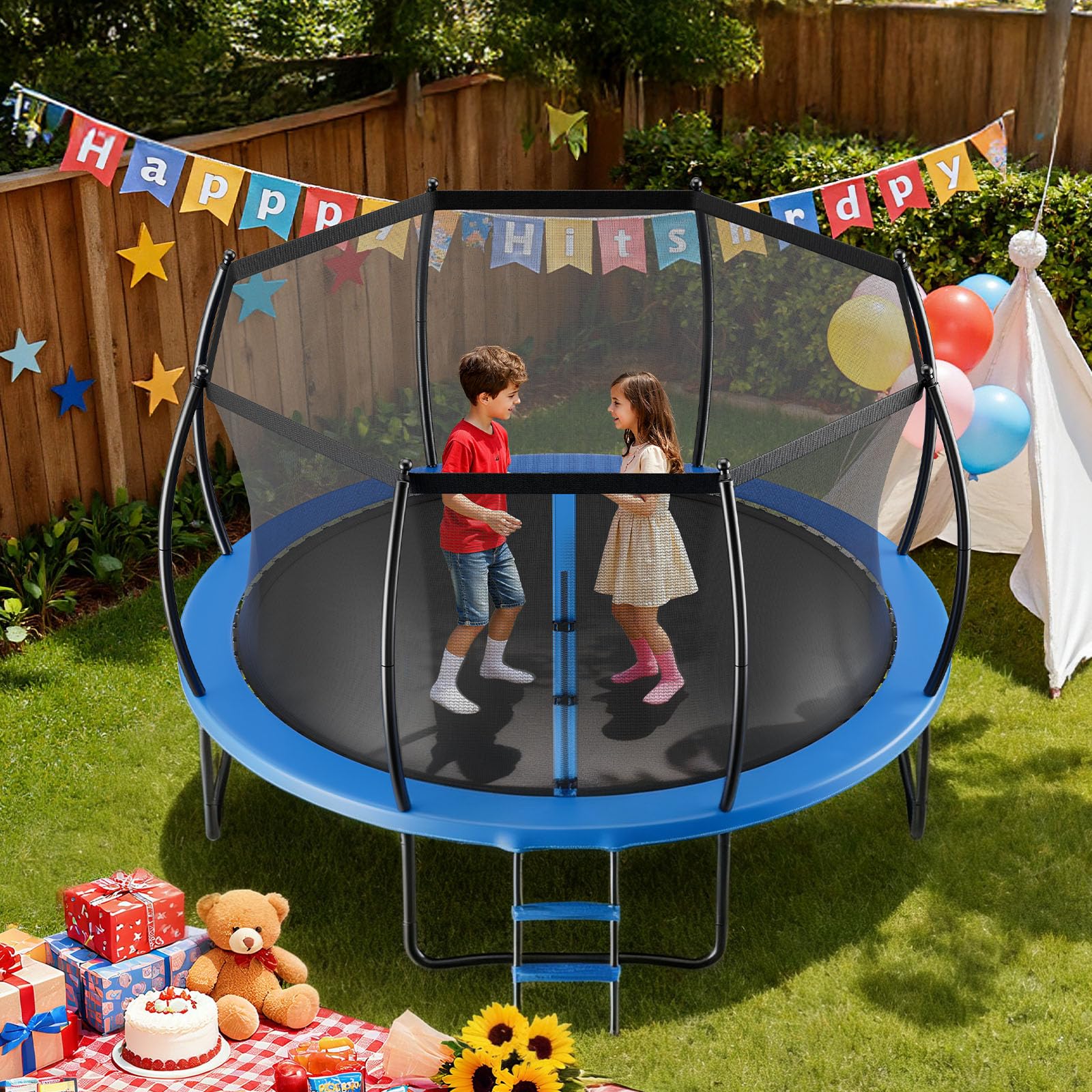 VEVOR Outdoor Trampolin Bodentrampolin 305 x 305 cm mit Sicherheitsnetz & verdickter Polsterung, ASTM-geprüft, Hochleistungstrampolin, max. 150 kg belastbares Gartentrampolin für Kinder