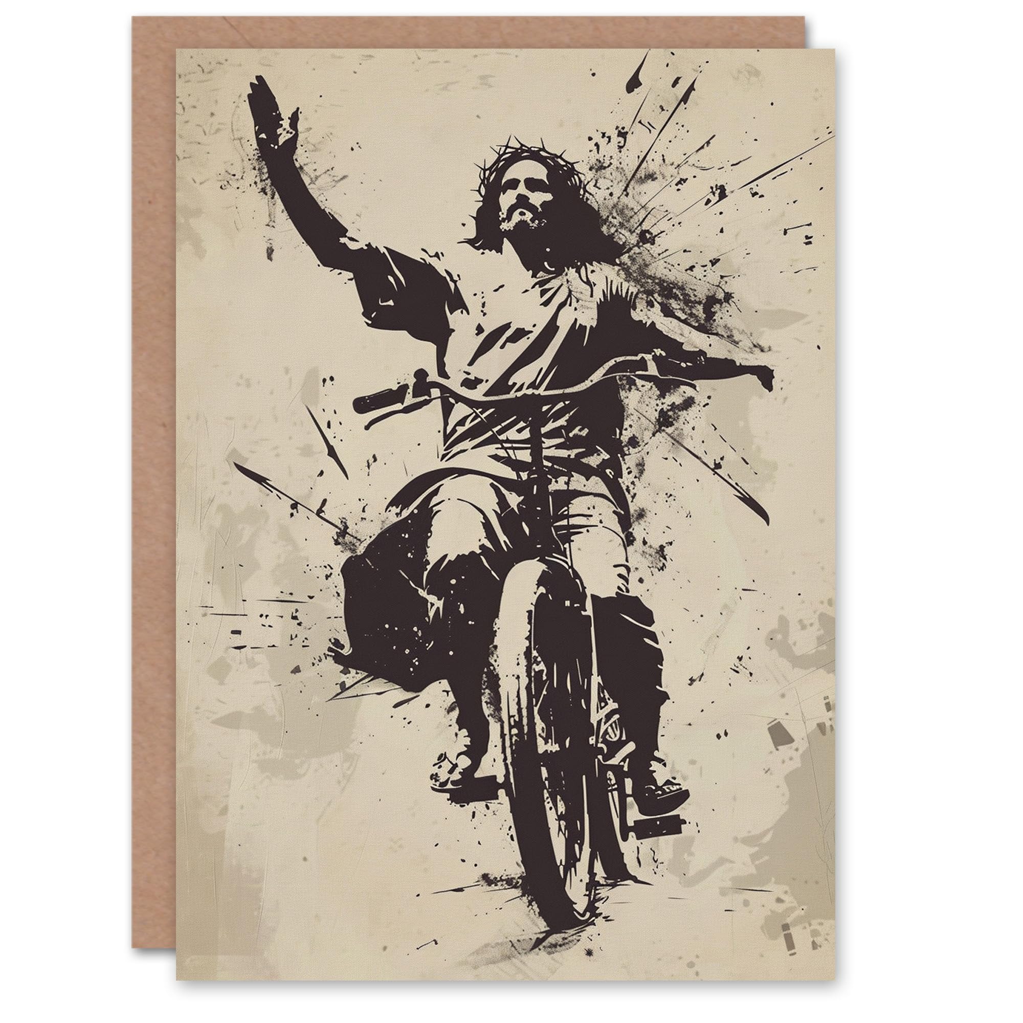Artery8 Christ On A Bike Jesus Riding Bicycle Stencil Art Blank For Him Or Her Art Birthday Card