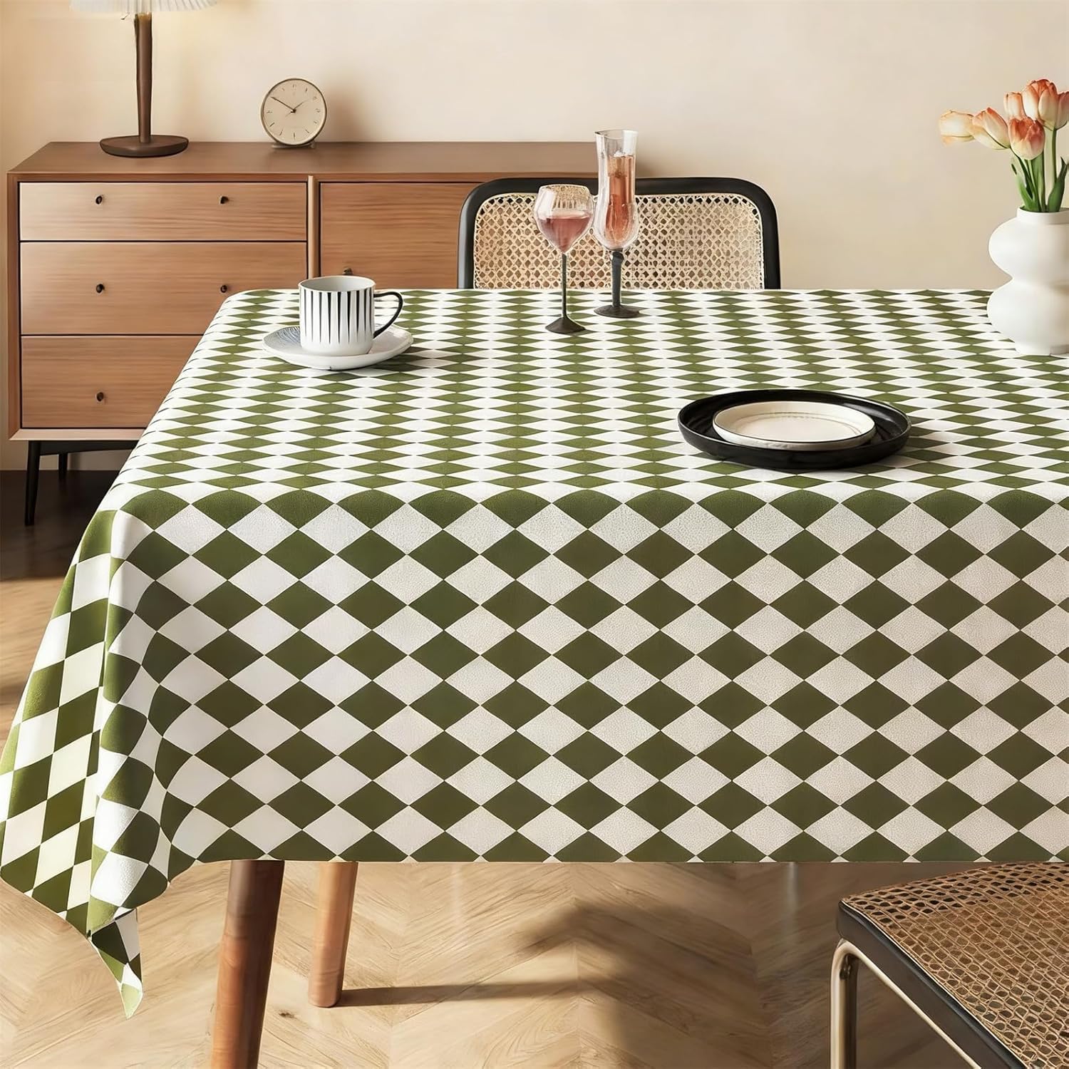 KIJyfgTR New Twill Check Wipeable Tablecloth, Rectangular Table Cover(Green,140x180cm)