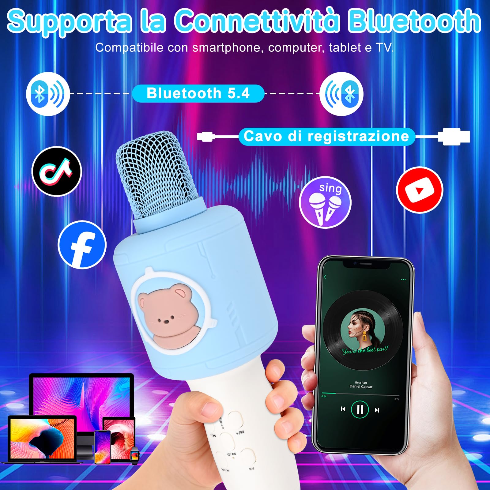 ZWOOS Microfono Karaoke Bambini Microfono Giocattolo Microfonos Wireless Bambini con Bluetooth, Effetti Cambio Voce e Luci LED 4-5 Ore Autonomia Microfonos per Bambinis 2 Anni per Party Famiglia, Blu