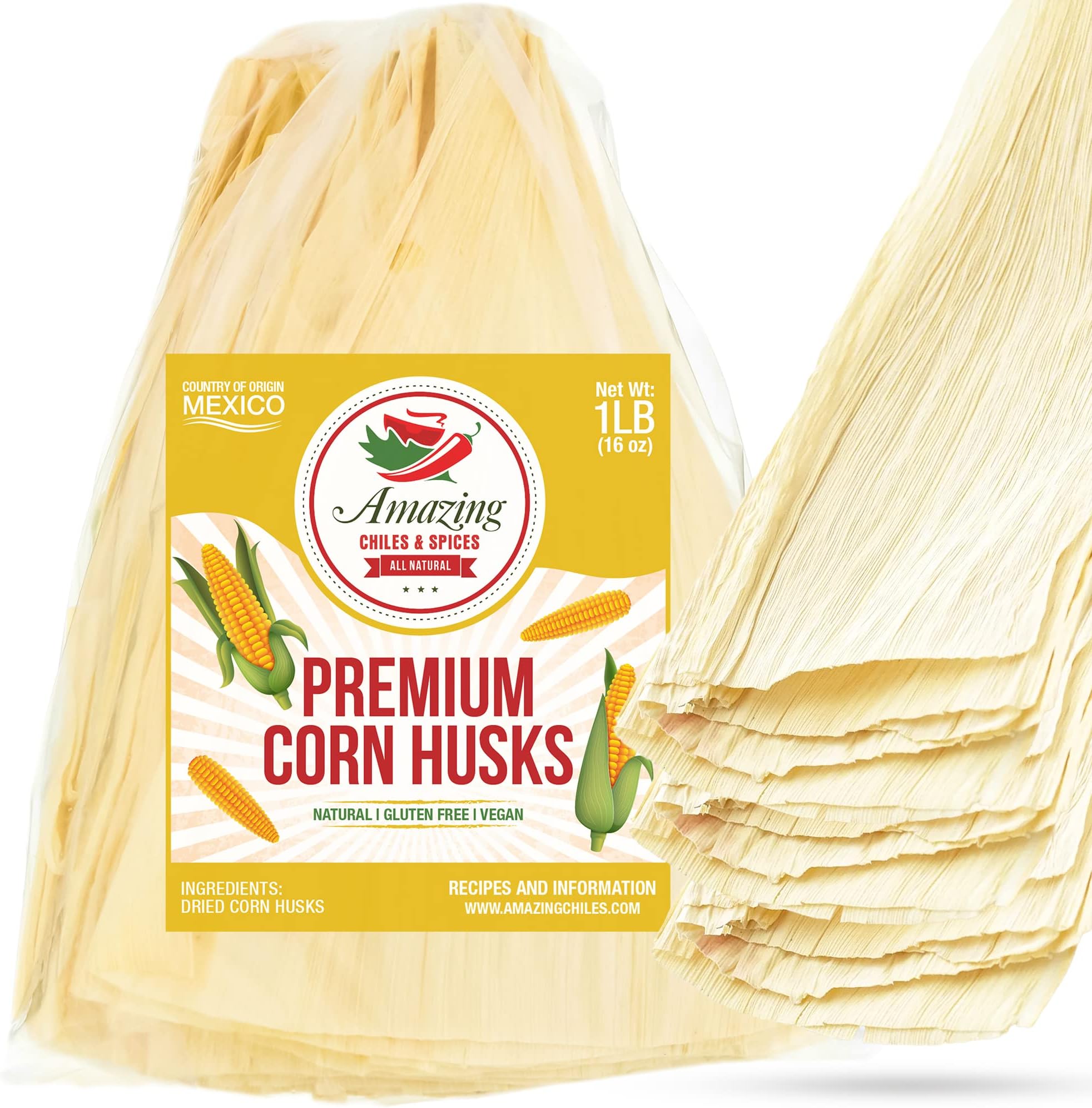 Corn Husks For Tamales 1 LB (16oz) - Natural and Premium Dried Corn Husk Tamale Wrappers | Perfect Hojas Para Tamal for Authentic, Flavorful Tamales | By Amazing Chiles and Spices