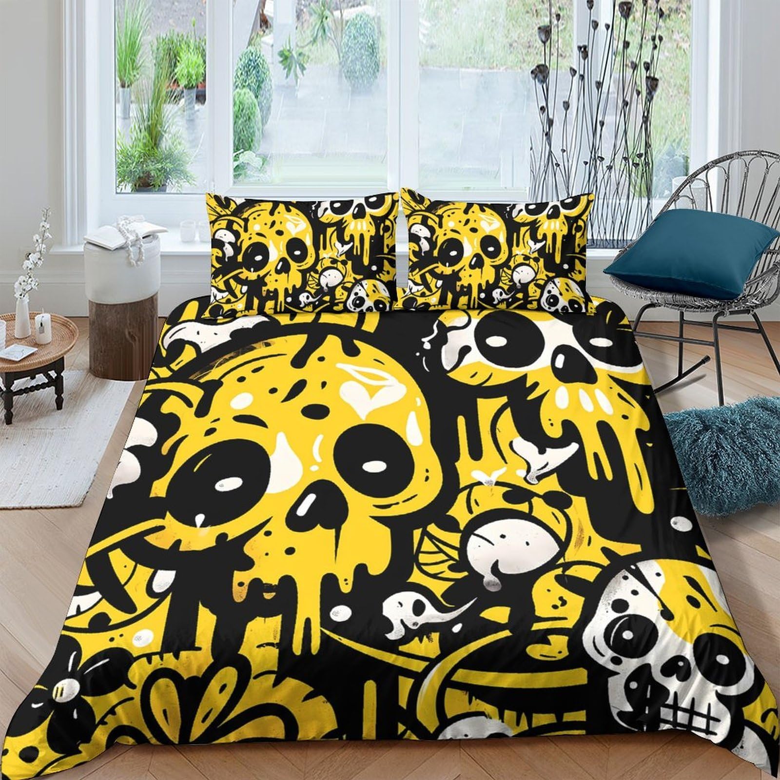 Ctjqhvkz Style-10 3D Printed Graffiti Skull Fitted Sheet Microfiber Yellow Black Cartoon Mattress Cover For Bedroom Dorm Easy Care Decor Single（135X200cm）