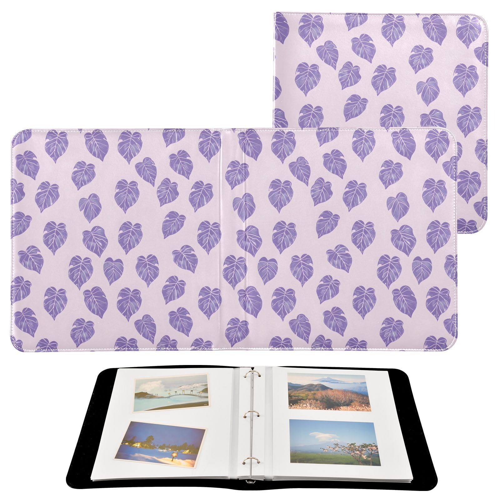 JIPONI Purple Leaves Large Photo Album, DIY Leather Cover Scrapbook Albums for 4x6 5x7 6x8 Pictures, Self Adhesive Memory Book for Wedding, Baby, Family
