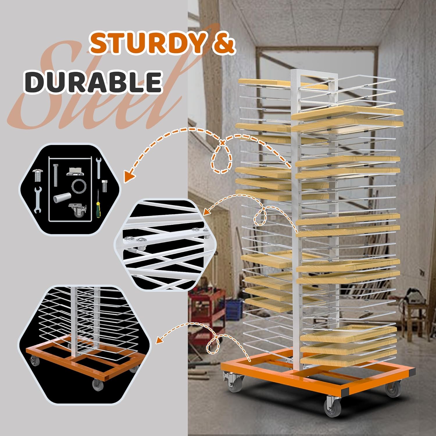 MOOFI 50 Shelves Paint Drying Rack with 4 Locking Casters for Cabinet & Full-Size Doors Drying Rack - Heavy Duty Art Studio Space Saving Storage Rack, 2.1" Shelf Spacing, 25lbs Capacity per Level
