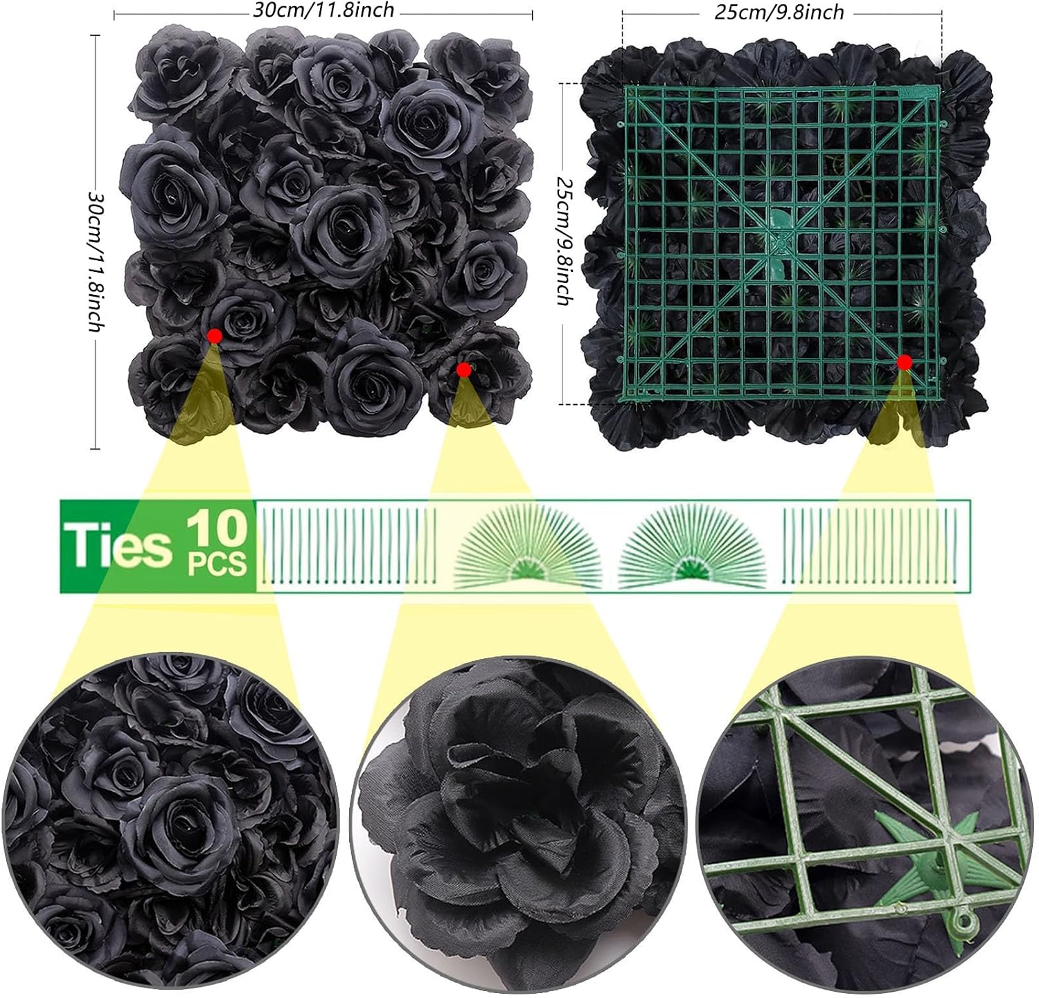 Black Silk Rose Flower Panels Wall, 12 Pcs Artificial Flowers Decoration for Welcome Table, Party, Anniversary, Church Wall, Stage Background, 25x25cm