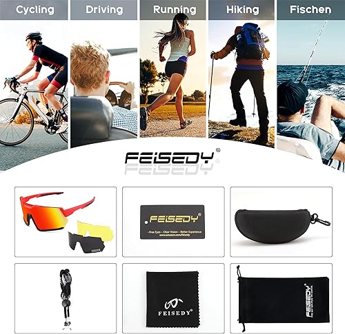Miniatura 8 de FEISEDY Gafas de sol de ciclismo para hombres y mujeres, con 3 lentes intercambiables, TR90 gafas deportivas de béisbol para jóvenes y adolescentes