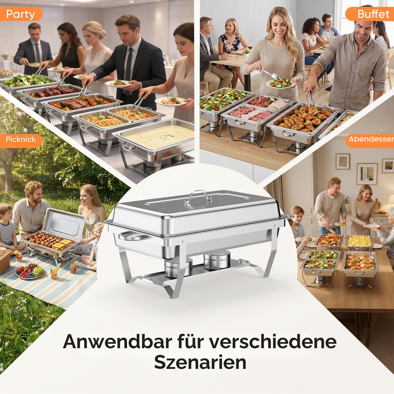 Chafing Dish 2er Set – Warmhaltebehälter Essen aus Edelstahl, Speisenwärmer mit 4X 1/2 GN + 2X 1/1 GN Behältern, Buffetwärmer für Party, Catering & Buffet – inkl. Brenner & Gestell