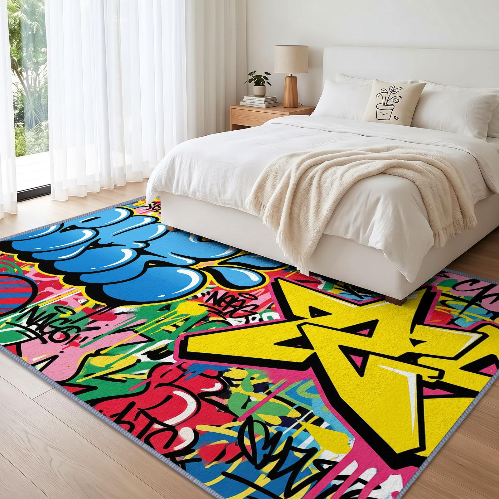 Générique Tapis Lavable Graffiti Lettre 120x170 cm, pour Salon Chambre Cuisine Salle à Manger Bureau Salle de Bain, Pop Art Funky Tapis Poils Courts, Antidérapant