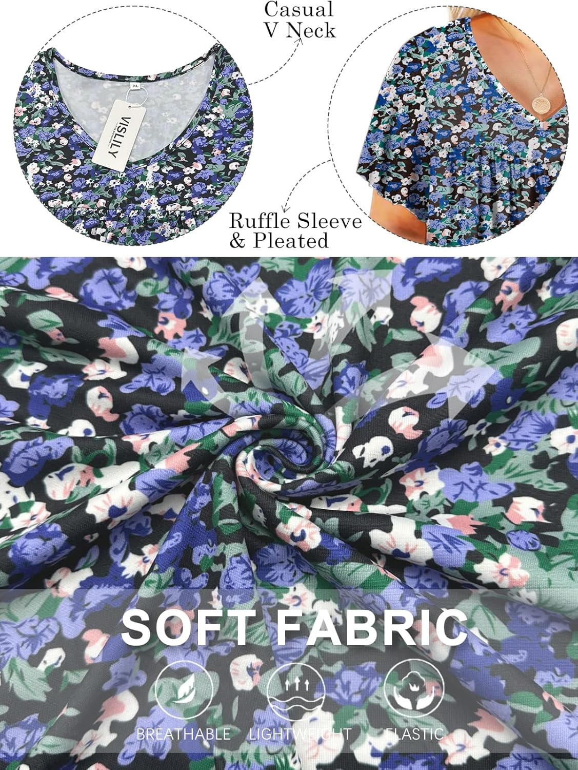 VISLILY Womens-Plus-Size-Summer-Tops Pleated V Neck T Shirts Short Sleeve Blouses Ruffle Flowy Tunics XL-5XL - Image 3