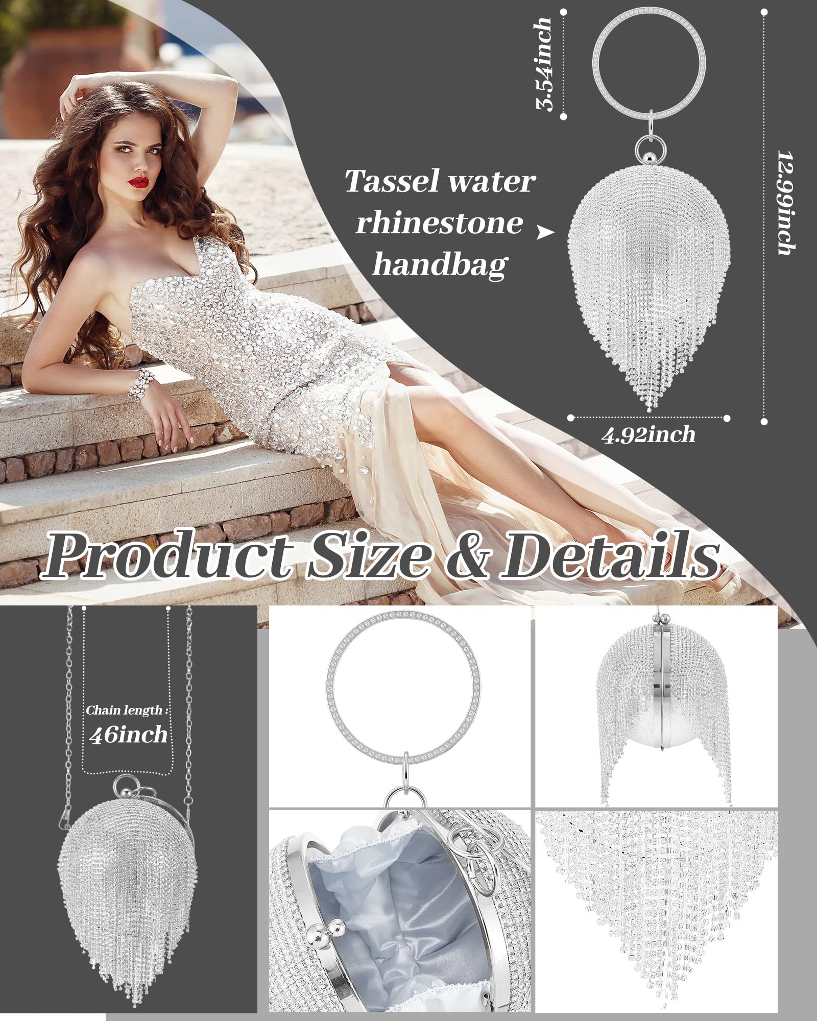 MTLEE 5 Piece Women Round Ball Rhinestone Evening Tassel Purse Set Including Silver Clutch Bag Necklace Dangle Fringe Earrings Bracelet and Ring for Women Wedding Party