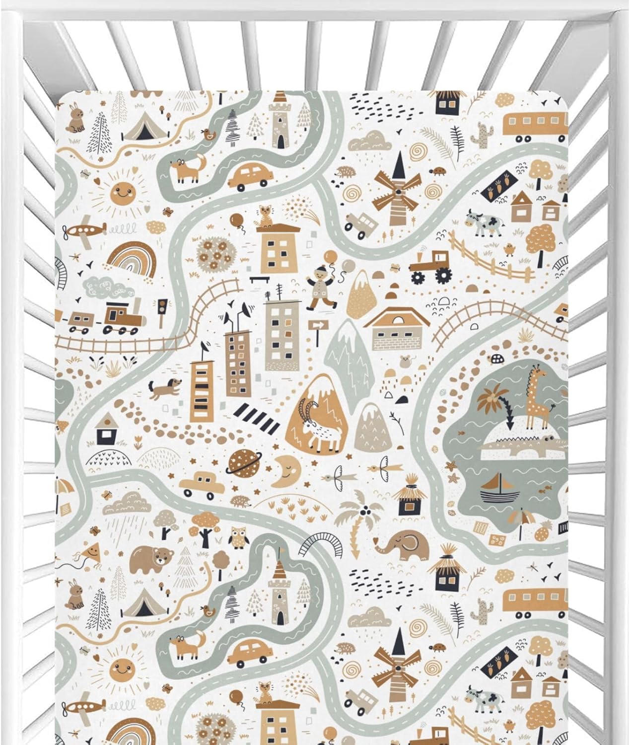 CaTaKu World Map Animal Crib Sheets for Baby Girls Boys,Neutral Mini Crib Mattress Sheets Fitted, Baby Sheets for Crib Nursery Bed Toddler Mattress 27""x 39"", 325316134p821c876s1913