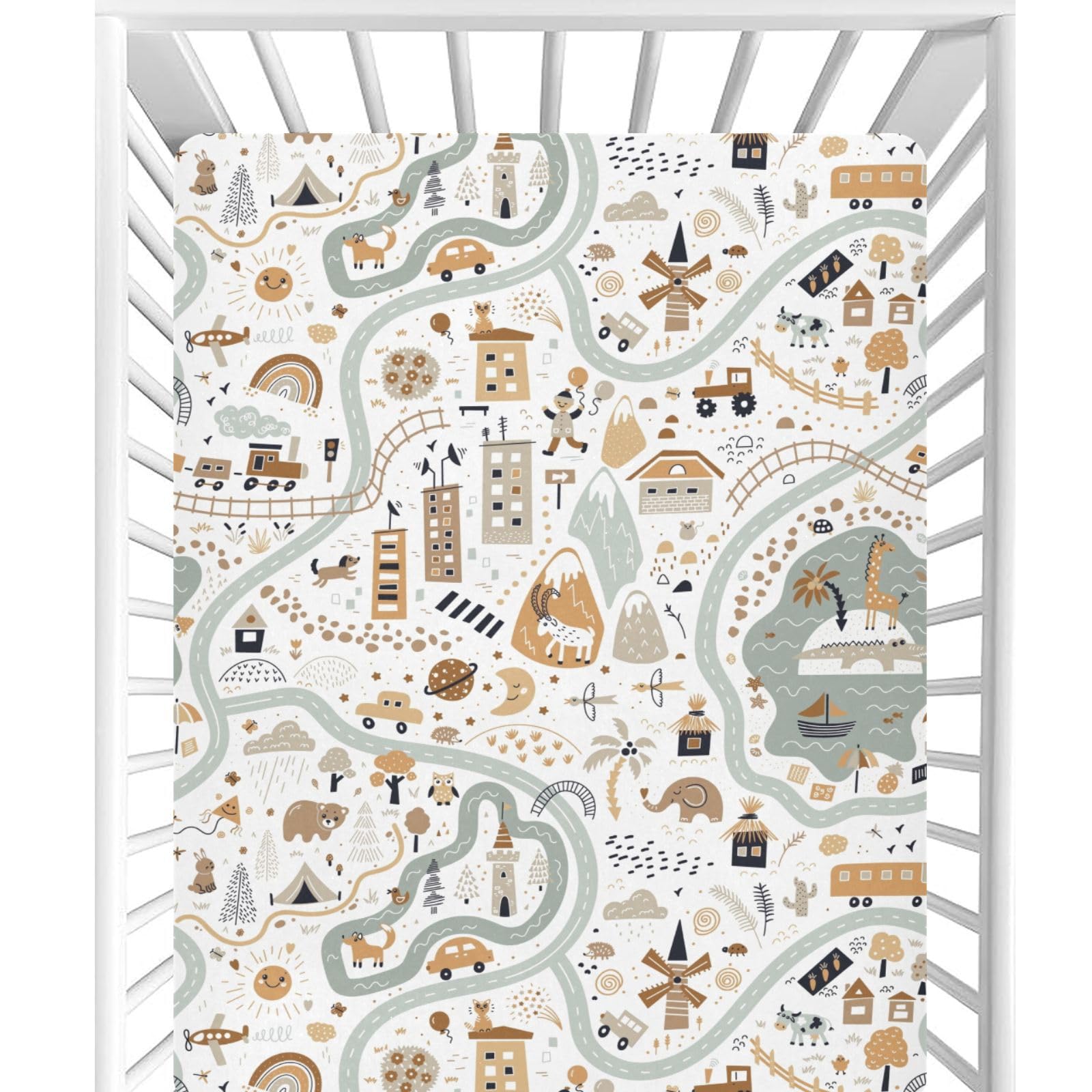 CaTaKu World Map Animal Crib Sheets for Baby Girls Boys,Neutral Mini Crib Mattress Sheets Fitted, Baby Sheets for Crib Nursery Bed Toddler Mattress 27""x 39"", 325316134p821c876s1913
