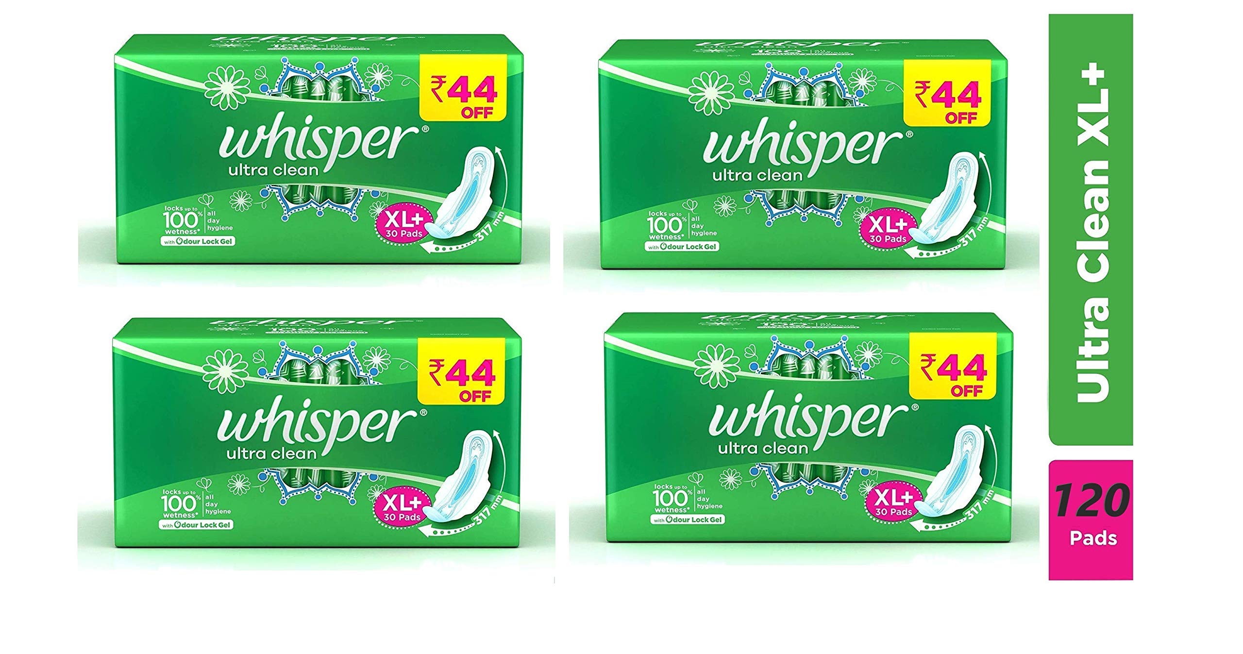 Whisper Ultra Clean XL with Odour Lock Gel Sanitary Napkins (120 Pads)