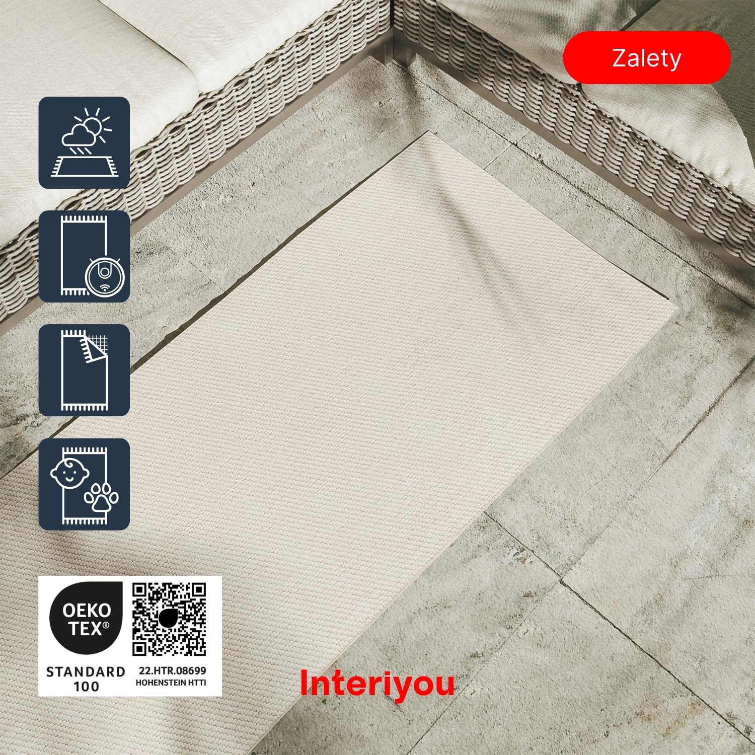 Interiyou dywan zewnętrzny Asti - Chodnik 80x250 cm Kremowy - Wygląd juty, odporny na warunki atmosferyczne, balkon, taras, ogród, kuchnia, odporny na promieniowanie UV, płaski splot