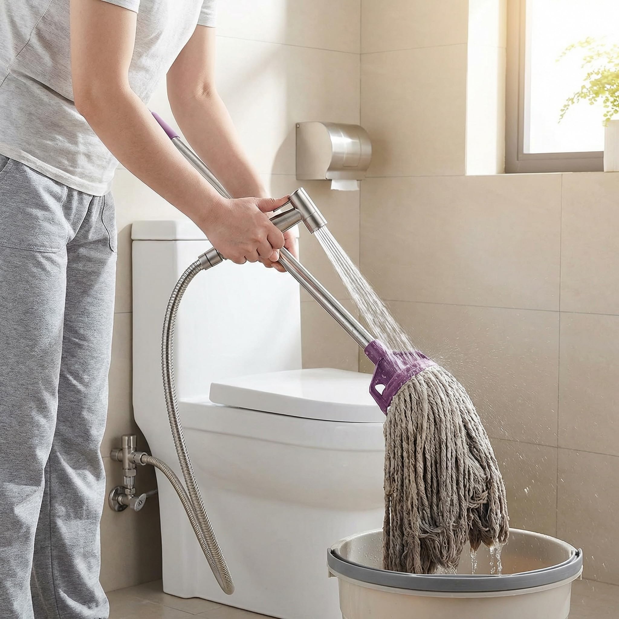 Grifo Bidet para WC Ducha Higiénica de Acero Inoxidable con Manguera 1.5m, para Higiene Personal y Limpieza de Mascotas Incluye Adaptador G1/2 (Acero)