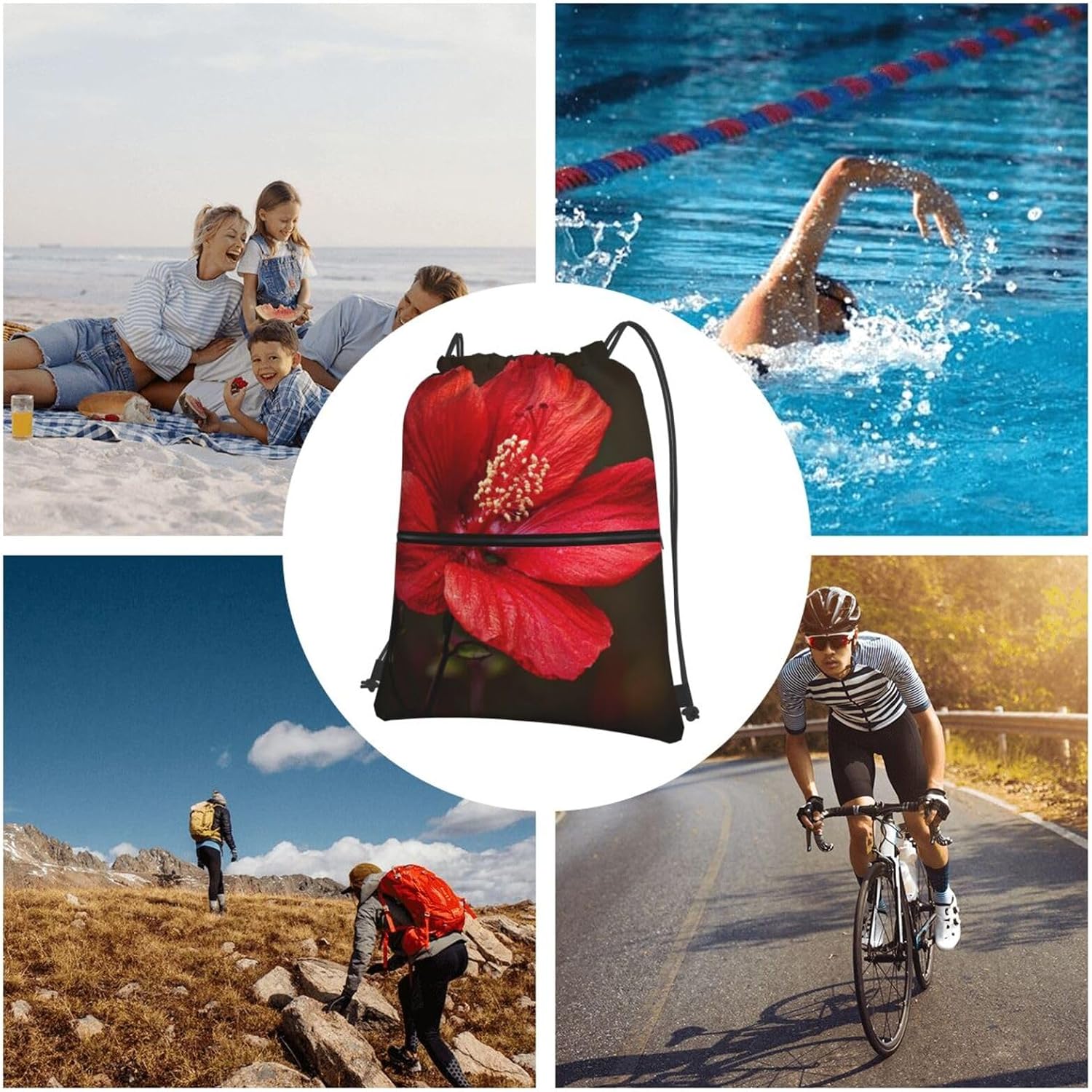 Drawstring Backpack Sports Gym Bags Red Hibiscus Drawstring Bags for Men Women Beach Bag String Bag