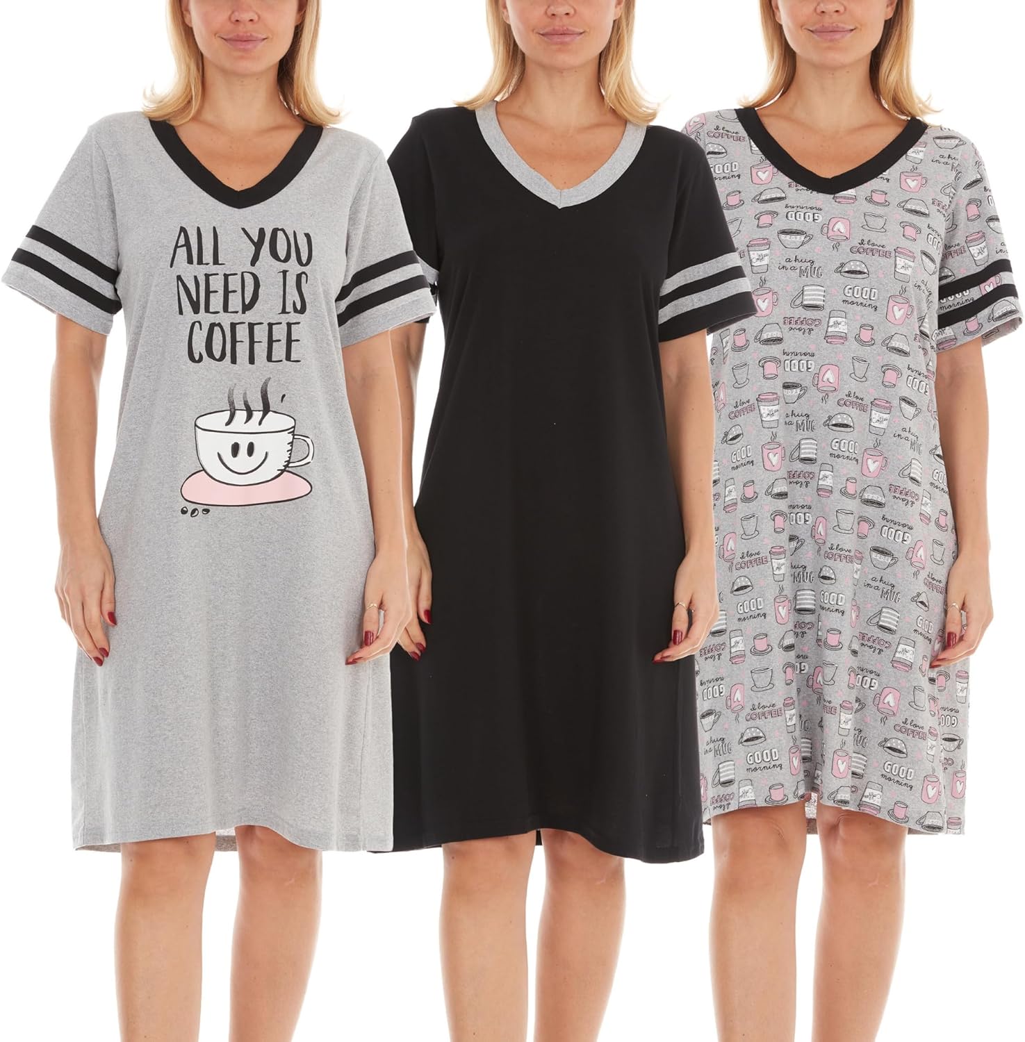 Lati Fashion 3 Pack Nightgowns For Women Soft Cotton Short Sleeve Sleepshirt Casual Sleepwear Nightdress Size S-3X