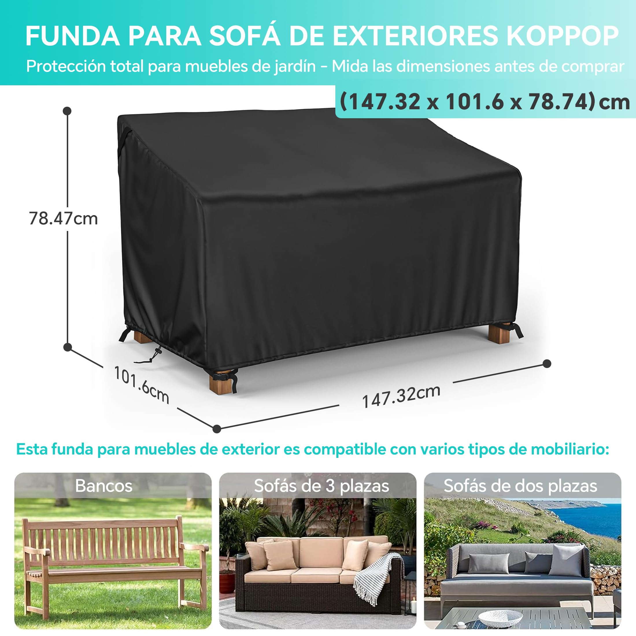 Housse de Banc de Jardin Extérieur 600D Oxford Imperméable Anti-UV Coupe-Vent pour Canapé 2 Places (147x83x78/55cm)
