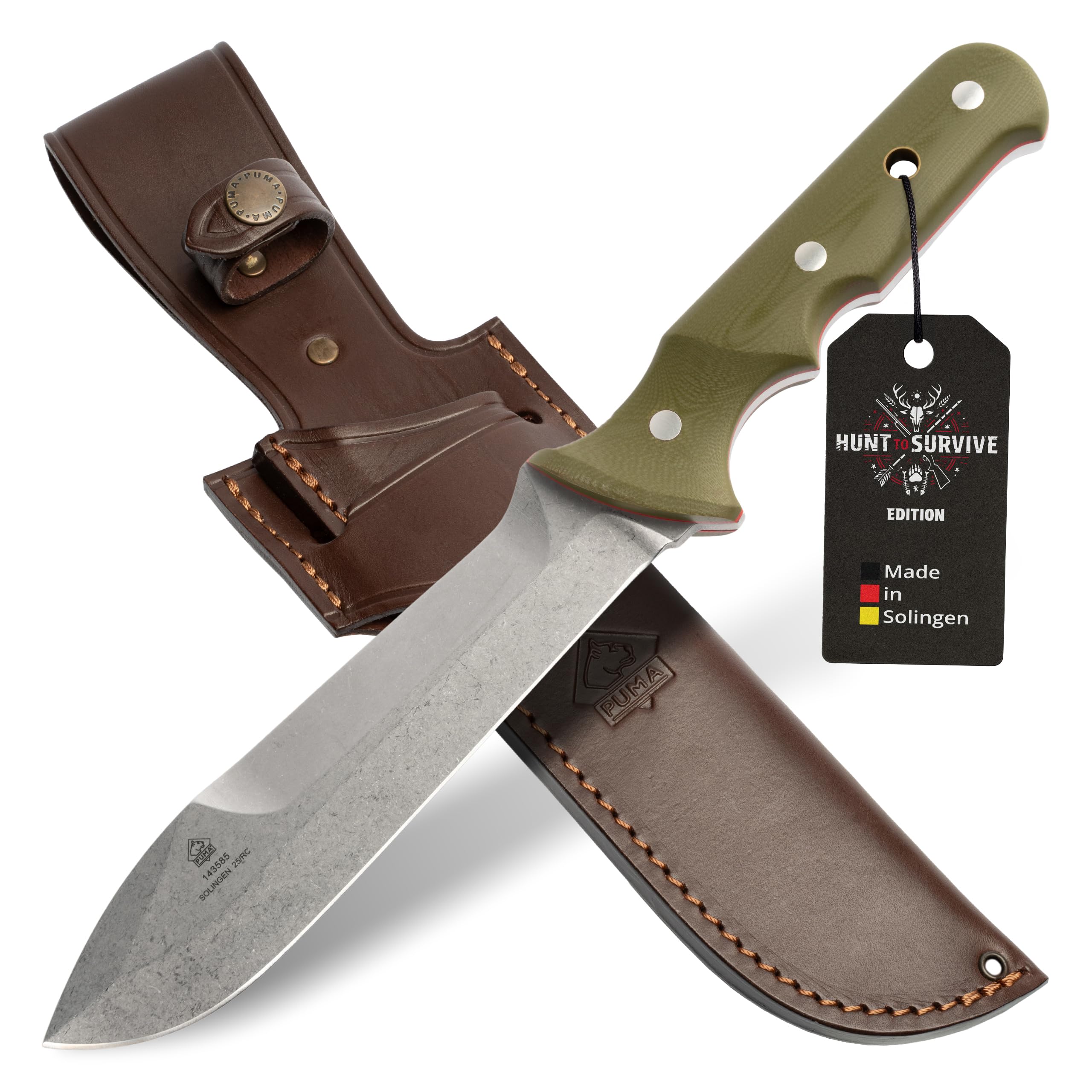 PUMA - Keiler “Hunt to Survive” Edition - Feststehendes Outdoor-Messer - Full-Tang - aus 1.4116 Stahl (57 HRC) – Ergonomischer G10-Griff – 170 mm Klinge – Mit Lederscheide(Art.Nr.: 143585)