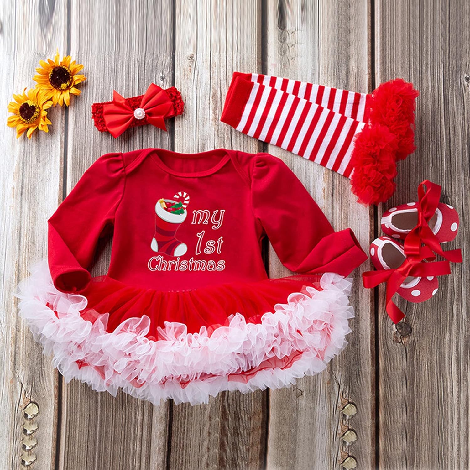 4Pcs Newborn Baby Girls Christmas Outfit Headband Romper Tutu Dress Leg Warmer Set for Baby Girl 0~24 Months - Image 3