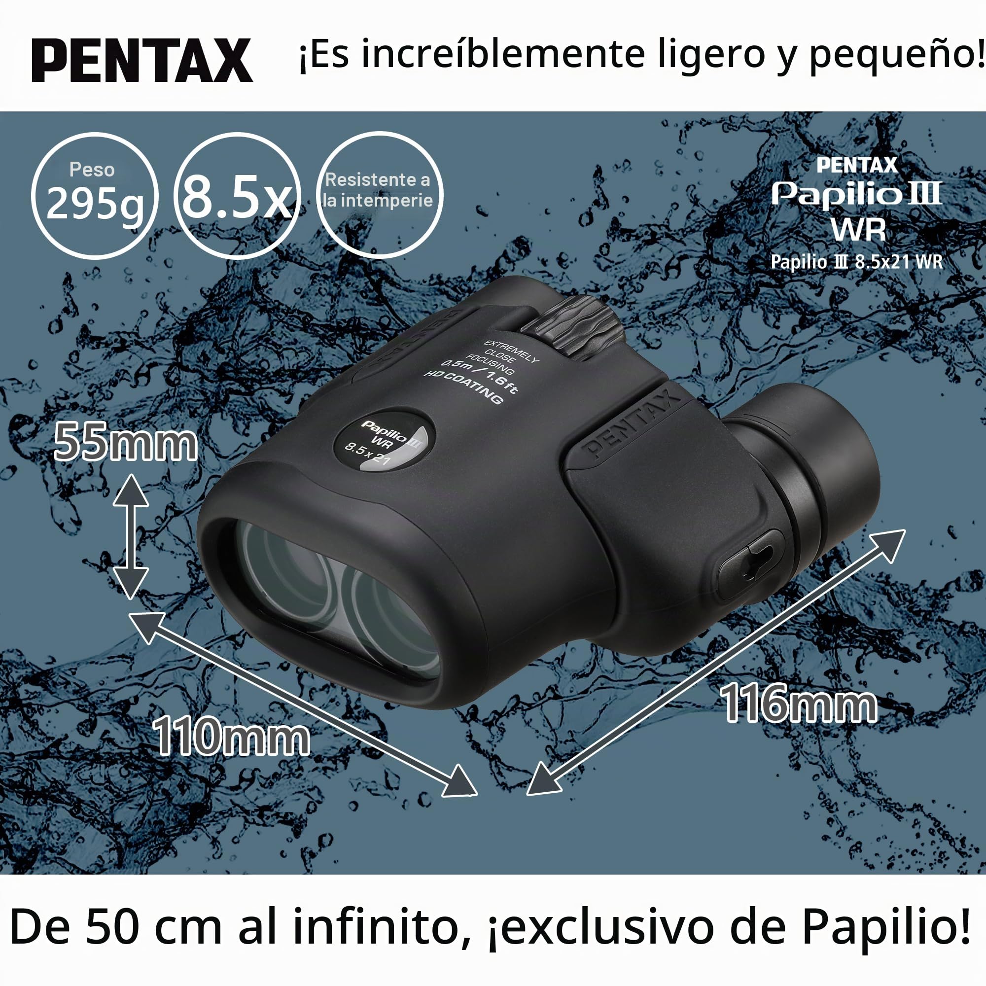 Binoculares Pentax Papilio III, 8.5 x 21 Resistentes a la Intemperie, Negro, Enfoque cercano 50 cm, a Prueba de Salpicaduras, Museo, Exterior, Naturaleza, Deportes en Vivo, Recubrimiento HD