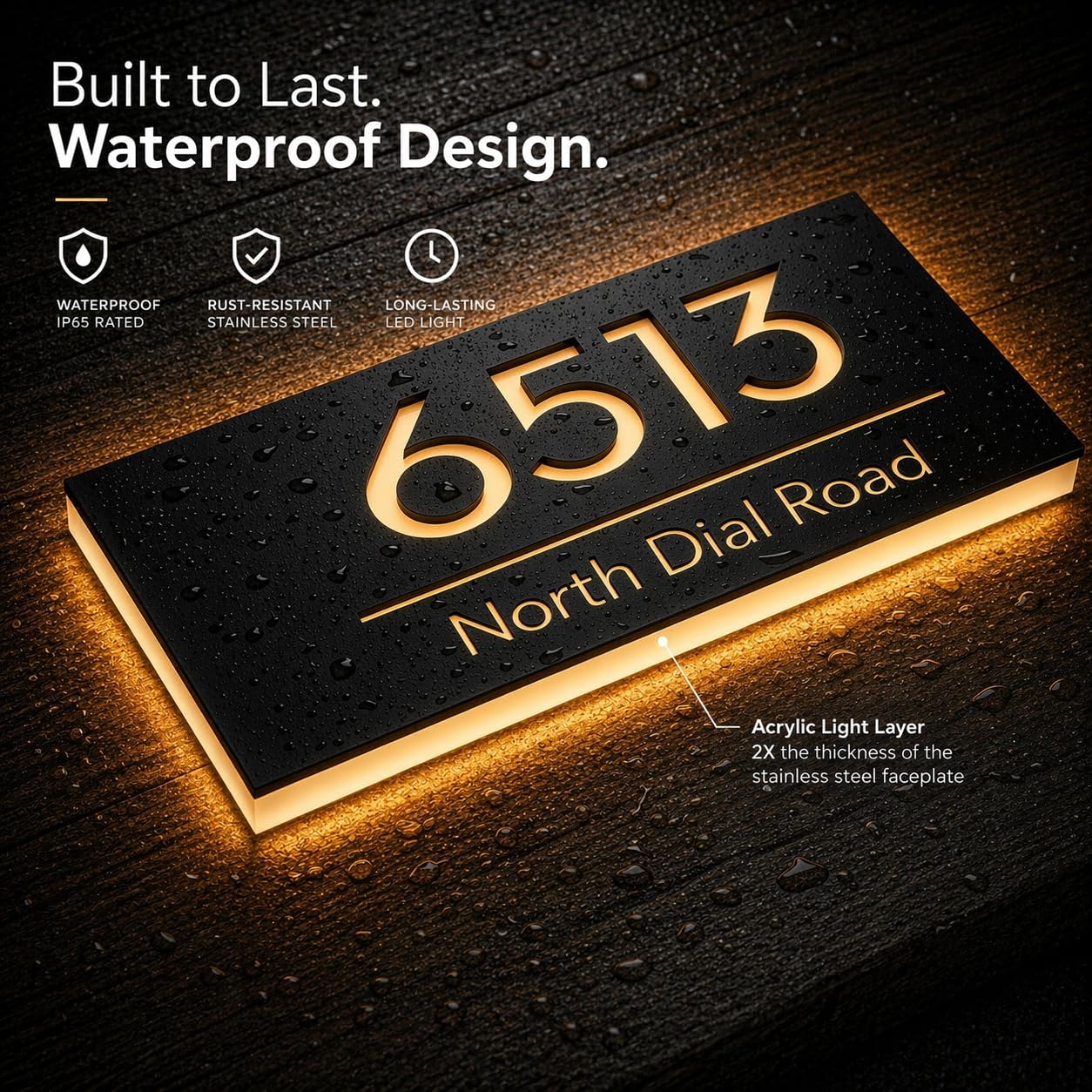 Custom Solar Lighted House Numbers for Outside, Waterproof 304 Stainless Steel LED Backlit Address Sign, Personalized Illuminated Address Plaque for Home, Garage, Yard, Office