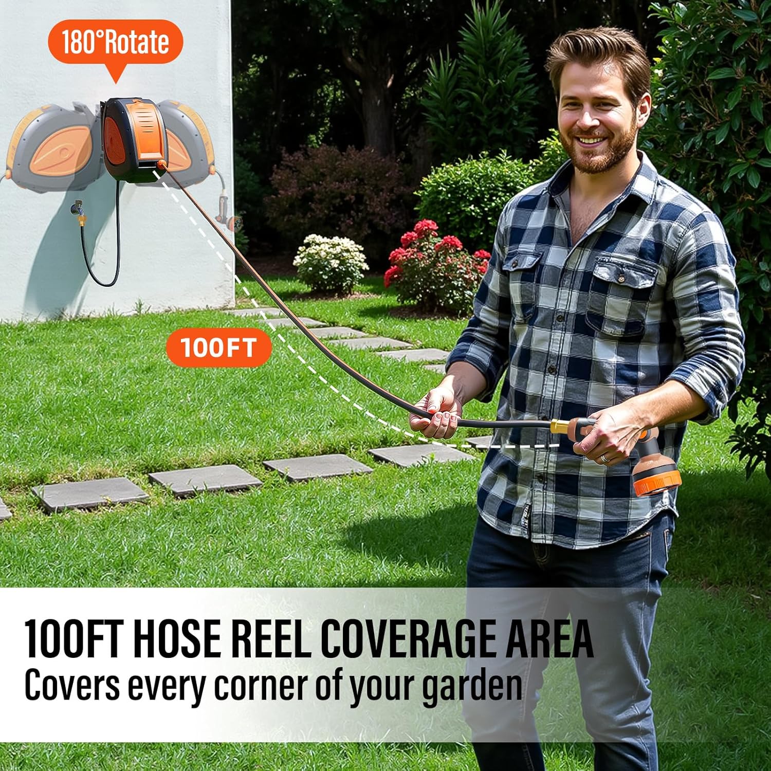 Retractable Garden Hose Reel 1/2 inch x 100ft, Wall Mounted 180° Swivel with Easy-Clean Chamber, Slow Return System, Any-Length Lock & 8-Pattern Heavy Duty Nozzle for Watering, Cleaning
