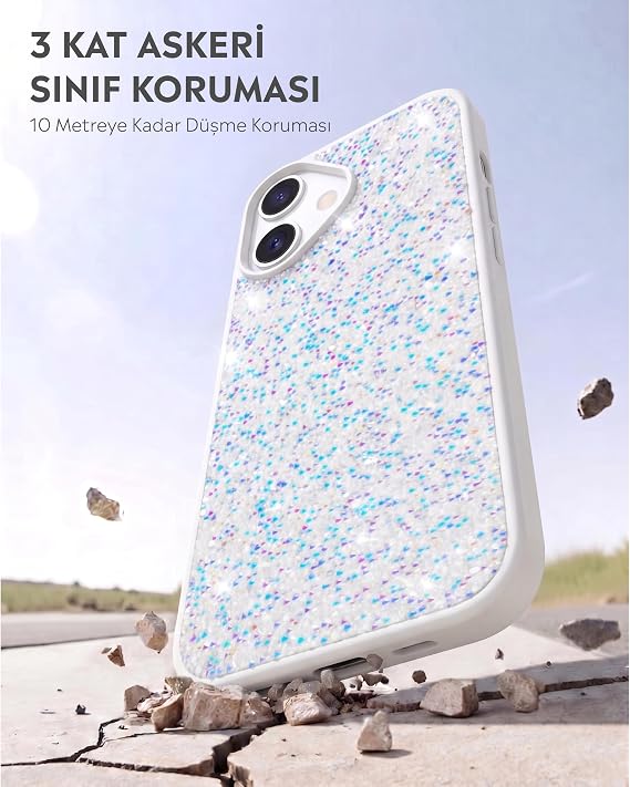 Babilden iPhone 17 İle Uyumlu Kılıf Luxury Sim Taşlı Parlak Glitter Premium Koruma Darbe Ve Çizilmelere Karşı Kaymaz Yüzey Kamera Korumalı Simli Telefon Kılıfı (Beyaz)