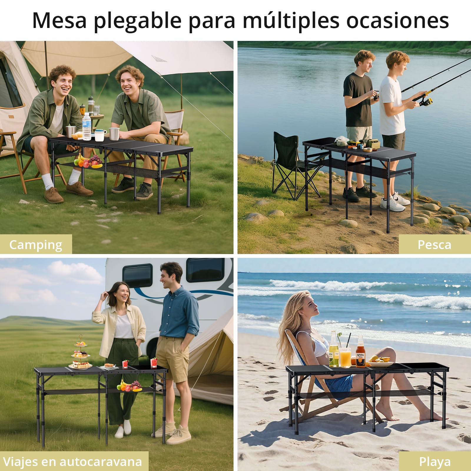 Anbte Mesa Plegable Camping 116 x 40 x 26/48/70cm Ajustable Altura Negro | con Red de Almacenamiento Mesas de Acampad Portátil Mesa Playa Aluminio Impermeable Negro para Terraza Playa Exterior BBQ
