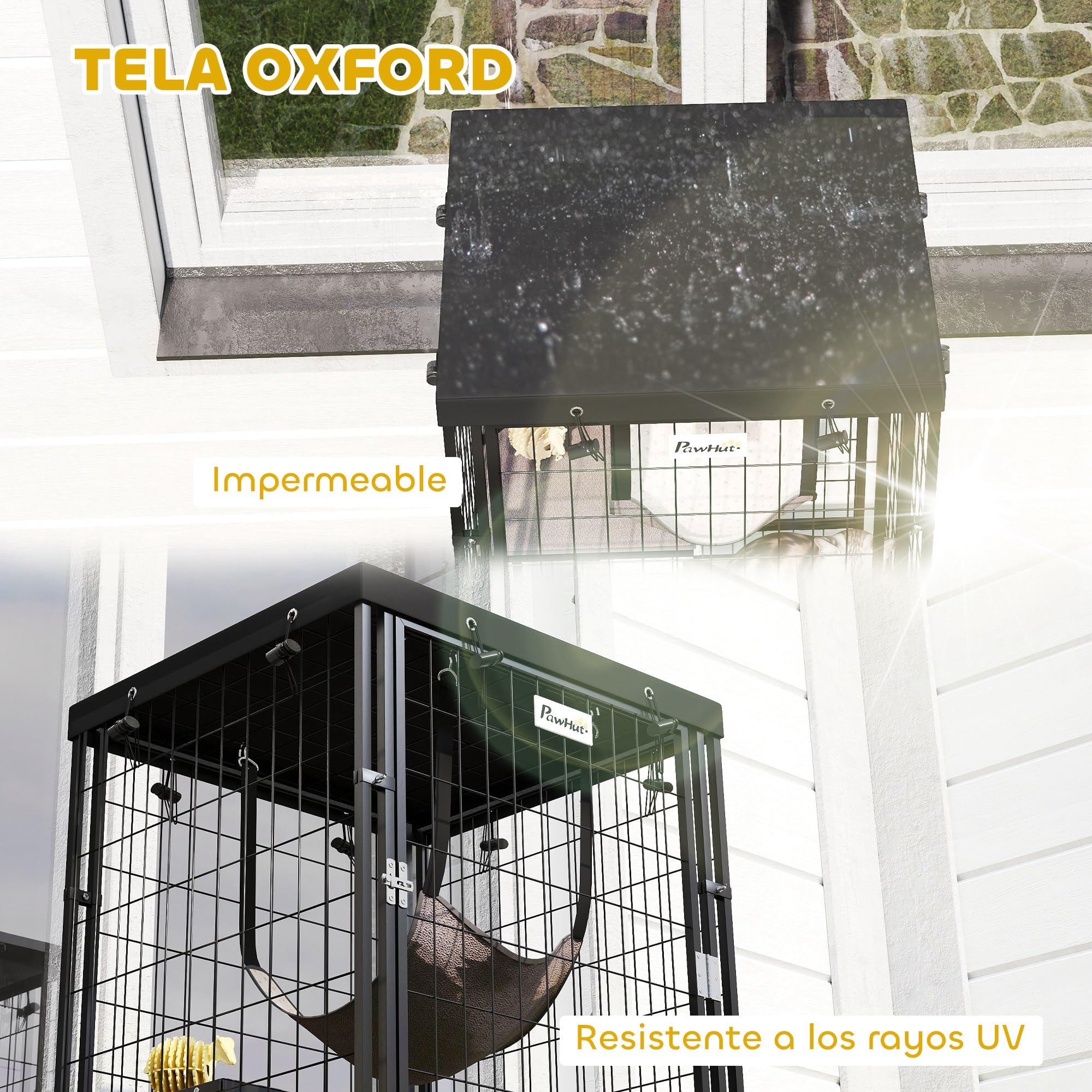 PawHut Jaula para Gatos para Exterior e Interior Recinto para Gatos con Cubierta Impermeable 3 Plataformas Hamaca Cojines y Puerta 61,5x55x157 cm Negro