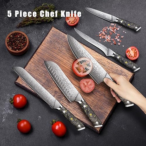 Miniatura 3 de Kuwata Damascus - Juego de cuchillos de chef, juego de 5 cuchillos de cocina profesionales de acero de damasco, juego de cuchillos de cocina de