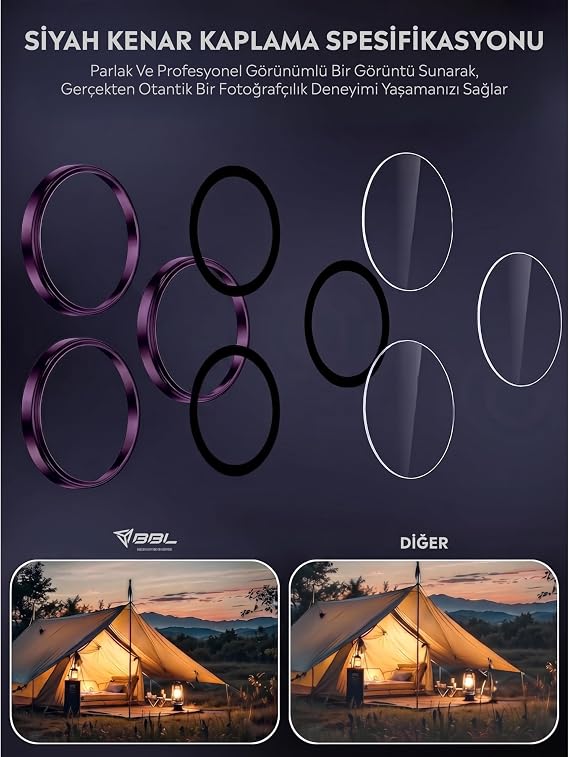 Babilden iPhone 14 Pro / 14 Pro Max İle Uyumlu Kamera Lens Koruyucu Alüminyum Alaşım Çerçeveli Telefon Lensi Temperli Cam Koruma (Mor)