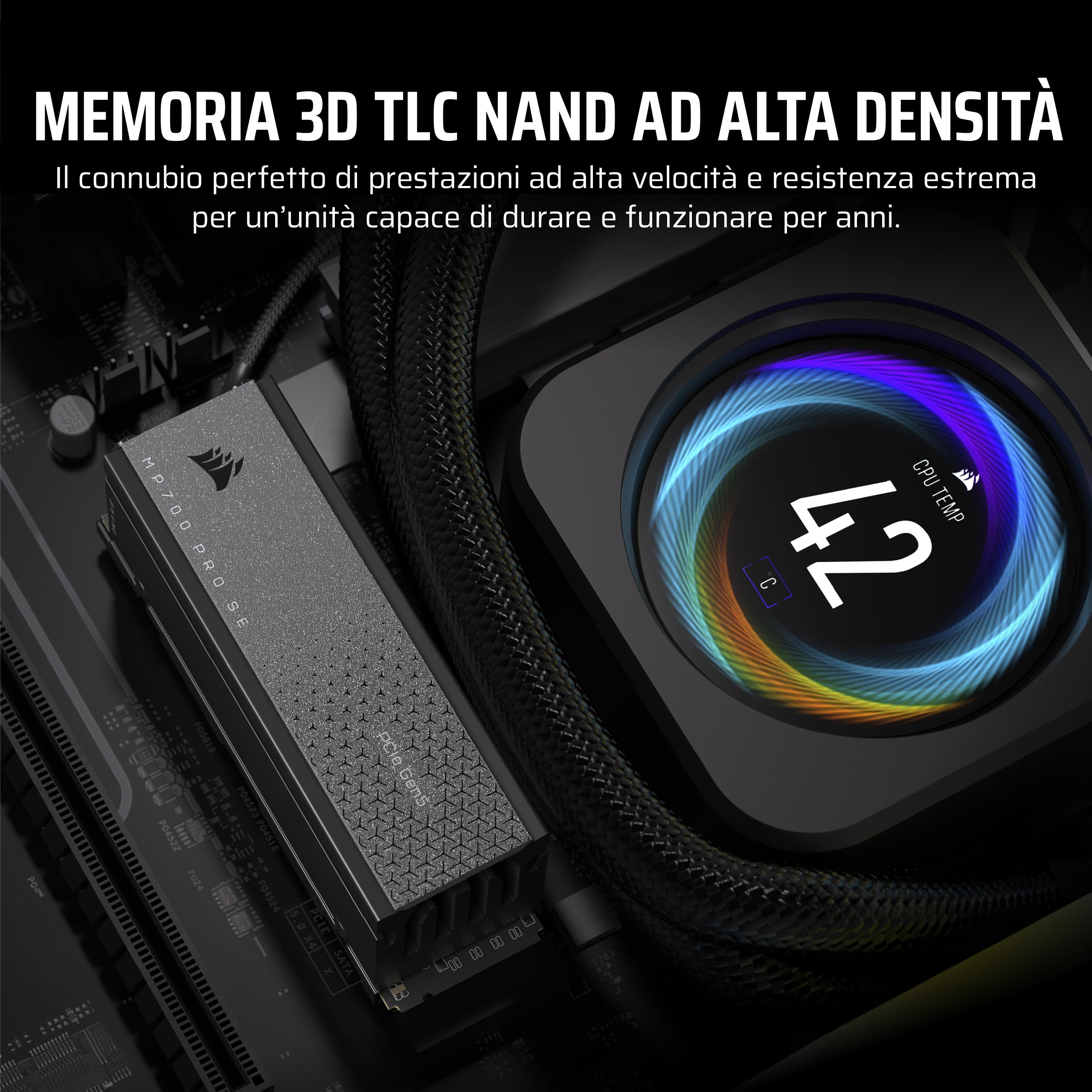 Corsair MP700 PRO SE con Raffreddatore ad Aria 4 TB PCIe 5.0 x4 NVMe 2.0 M.2 SSD – M.2 2280 – Fino a 14.000 MB/sec in Lettura Sequenziale – NAND 3D TLC ad Alta Densità – Nero