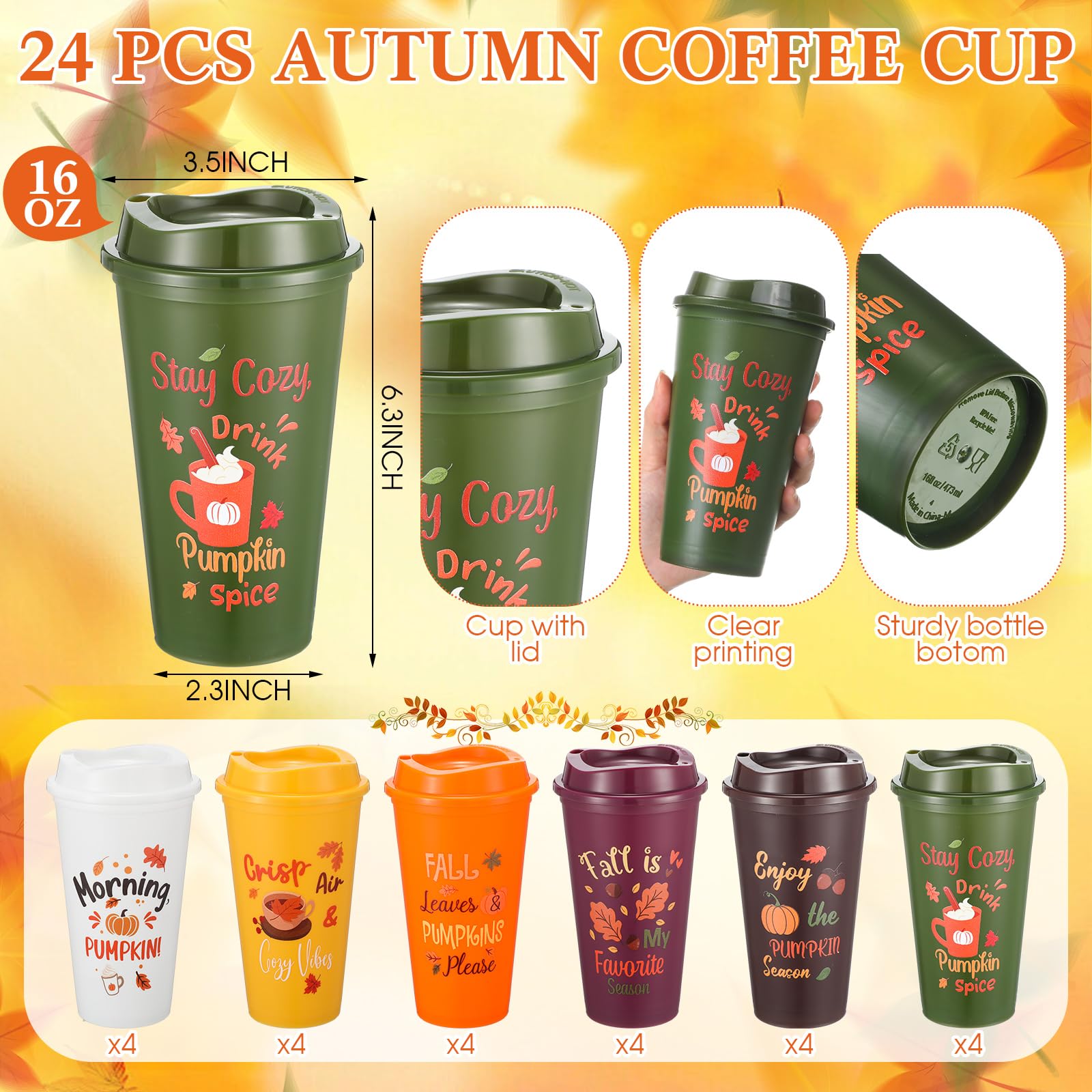 Thenshop 24 juegos/96 piezas de regalos de Acción de Gracias de otoño a granel de 16 onzas de taza de café reutilizable con tapa, mini cuadernos, bolígrafos, tarjetas y bolsas de regalo, regalos de