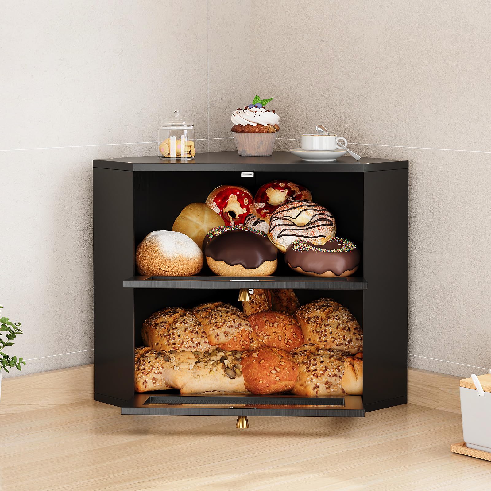 VEDECASA Contenitore per il pane in bambù per cucina, a 2 ripiani, angolare, con porta in acrilico trasparente, per uso alimentare, contenitore per il pane con ampio spazio per il piano di lavoro