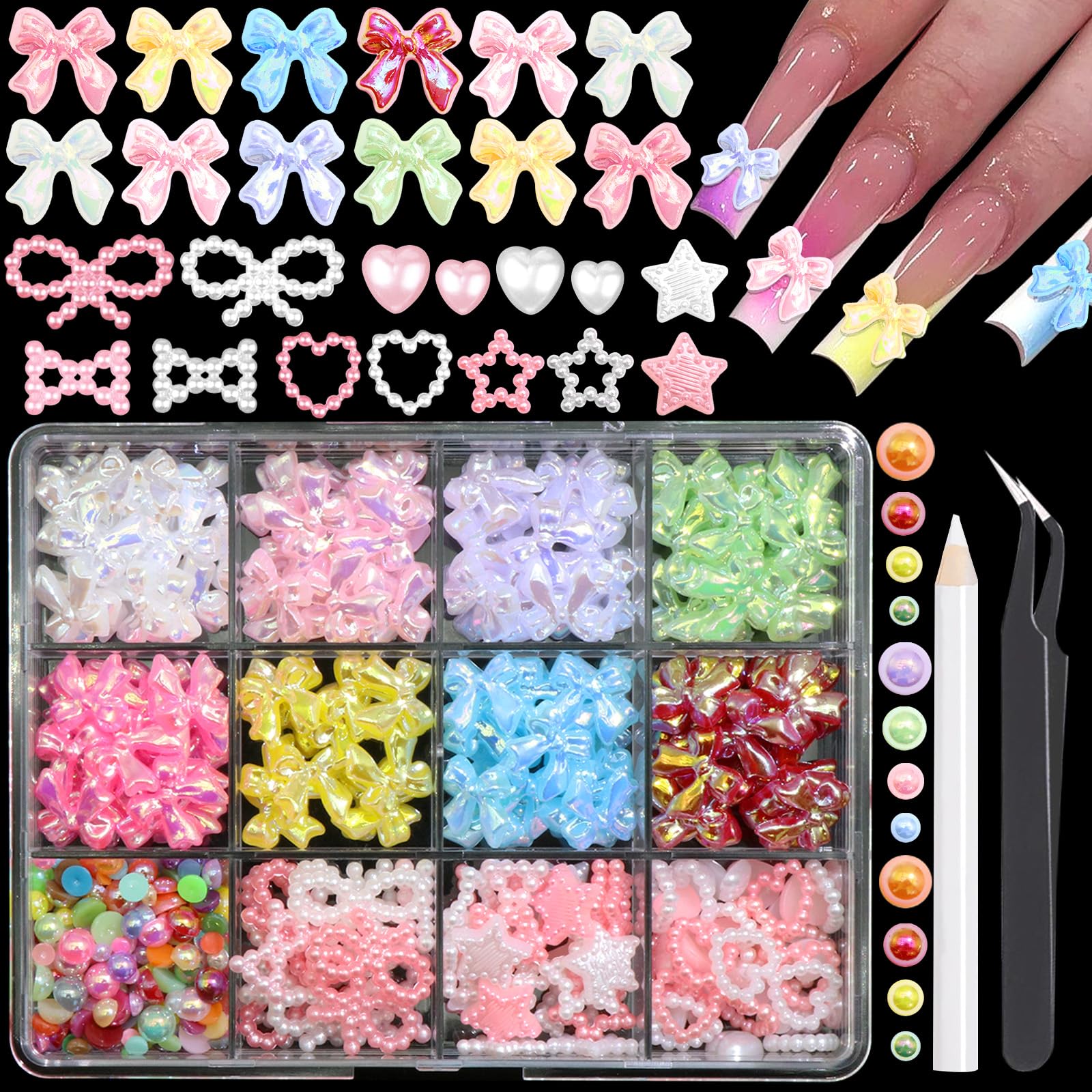 RODAKY Bow Nail Charms 8 Colors Aurora Nail Bows Pink&White Assorted Star Heart Nail Art Charms Mixed Size Nail Pearl Beads Cute Resin Bowknot Charms