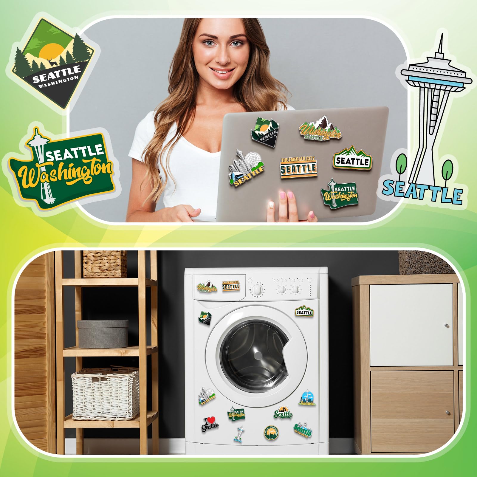 Konohan 12 imanes magnéticos de Seattle para nevera, de metal, Washington, recuerdos de Seattle, regalos del estado de Estados Unidos, calcomanías magnéticas para refrigerador, aguja espacial