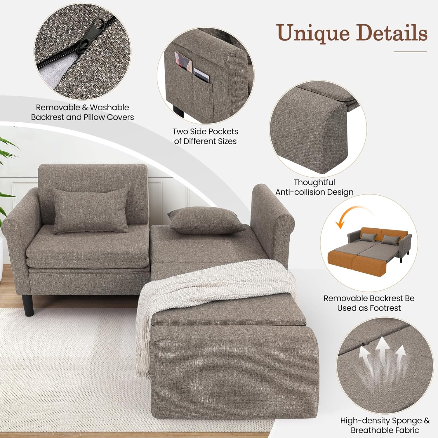SEJOV 74" Convertible Sofa Bed, 5-in-1 Loveseat Sleeper Sofas with Pull Out Couch Bed, Storage Pockets & 2 Pillows, Modern Folding Linen Futon Couch for Living Room, Bedroom, Small Space, Brown