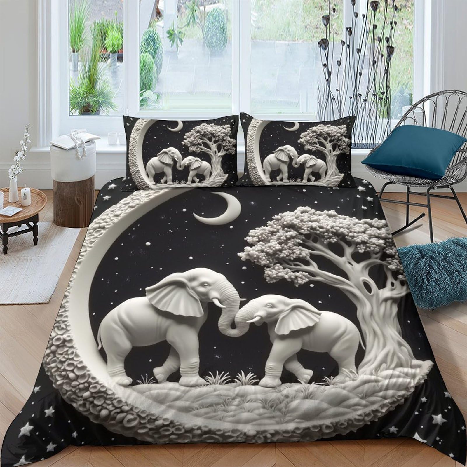 GPLZQXKJNH 3D Printed Elephant Moon Duvet Cover Set Microfiber Soft Black White Nature Tree Bedding with 2 Pillowcases for Bedroom Single（135x200cm）