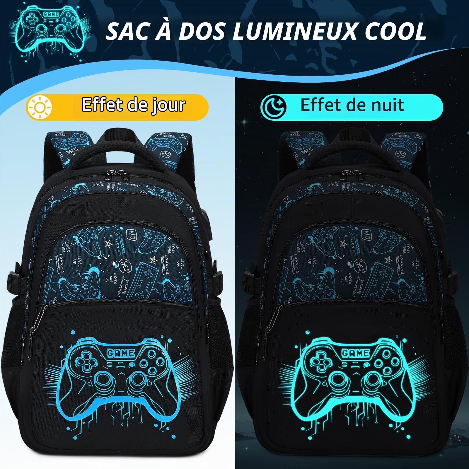 Cartable Garçon Lumineux, Sac à Dos Grande Capacité Trousse