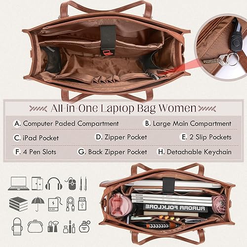 Miniatura 5 de RAINSMORE Bolsa de mano para laptop de 15.6 pulgadas para mujer, bolsa de mano de piel sintética, bolsa de trabajo ligera, color marrón