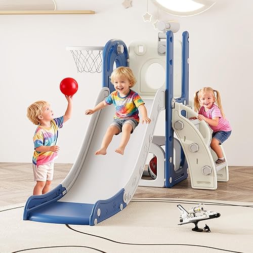 Miniatura 10 de Tobogán 6 en 1 para niños de 1 a 3 años, para interiores y exteriores, con aro de baloncesto, almacenamiento, escalador y telescopio, tobogán en