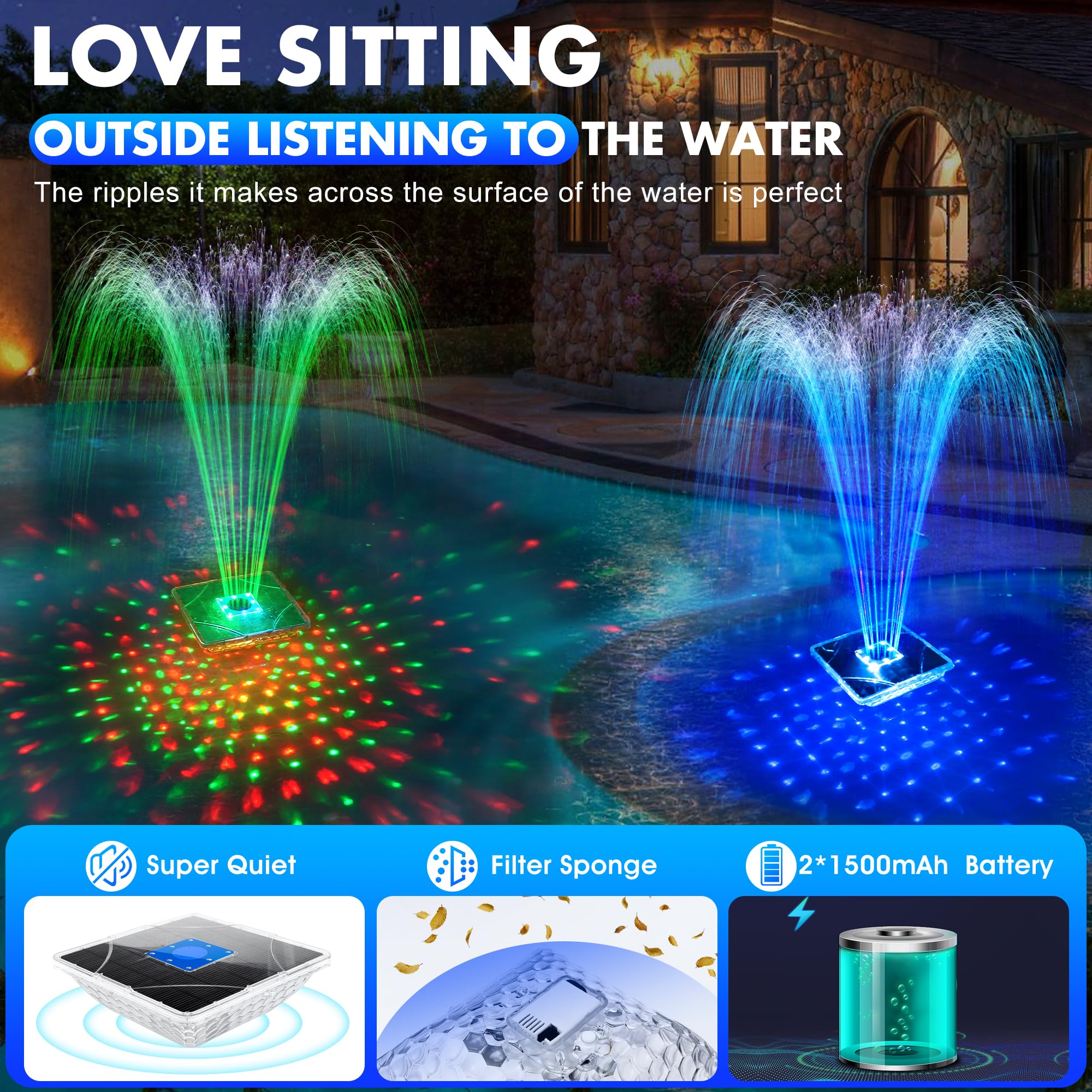 LanBlu Fuente Solar con Espectáculo de Luces, 24 * 24CM Fuente Flotante para Piscina con Ancla, 7 Modo de Iluminación Fuente Solar Jardin Exterior, Flotante Fuentes Solars para Estanque Piscina