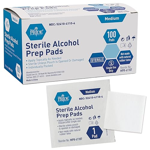 MED PRIDE Sterile Alcohol Prep Pads, Antiseptic, Individually Wrapped, Medical Grade, Latex Free, 2 Ply, 100 Count - 100 Count (Pack of 1)