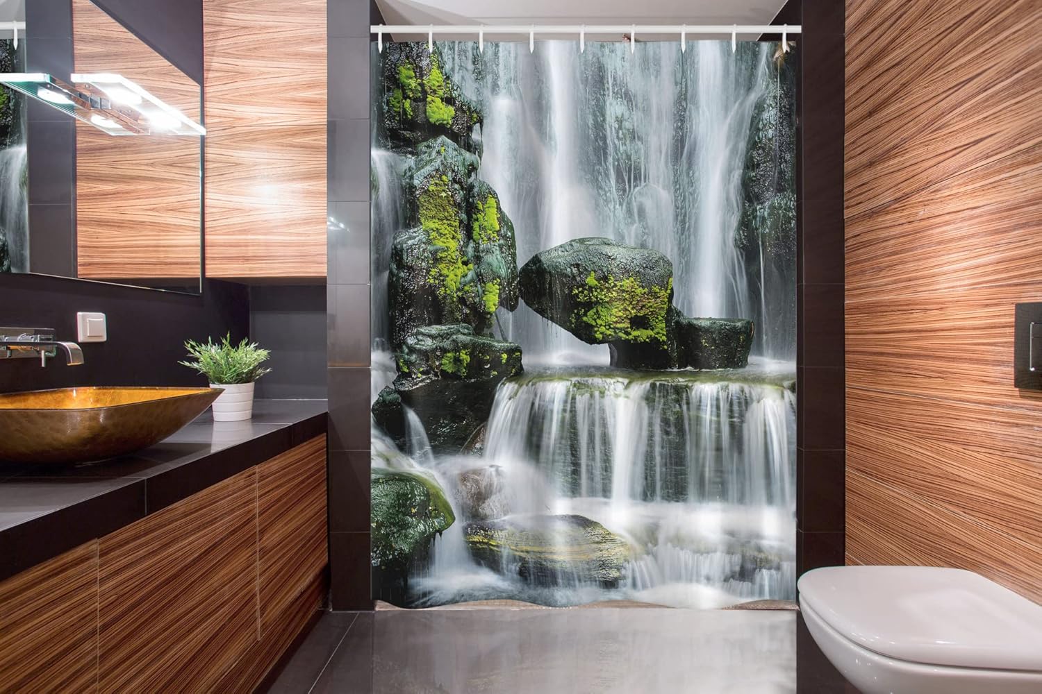 Ambesonne Waterfall Stall Shower Curtain, Majestic River Blocked Massive Rocks Moss on Them Photo, Fabric Bathroom Decor Set with Hooks, 54" W x 78" L, Green Black and White