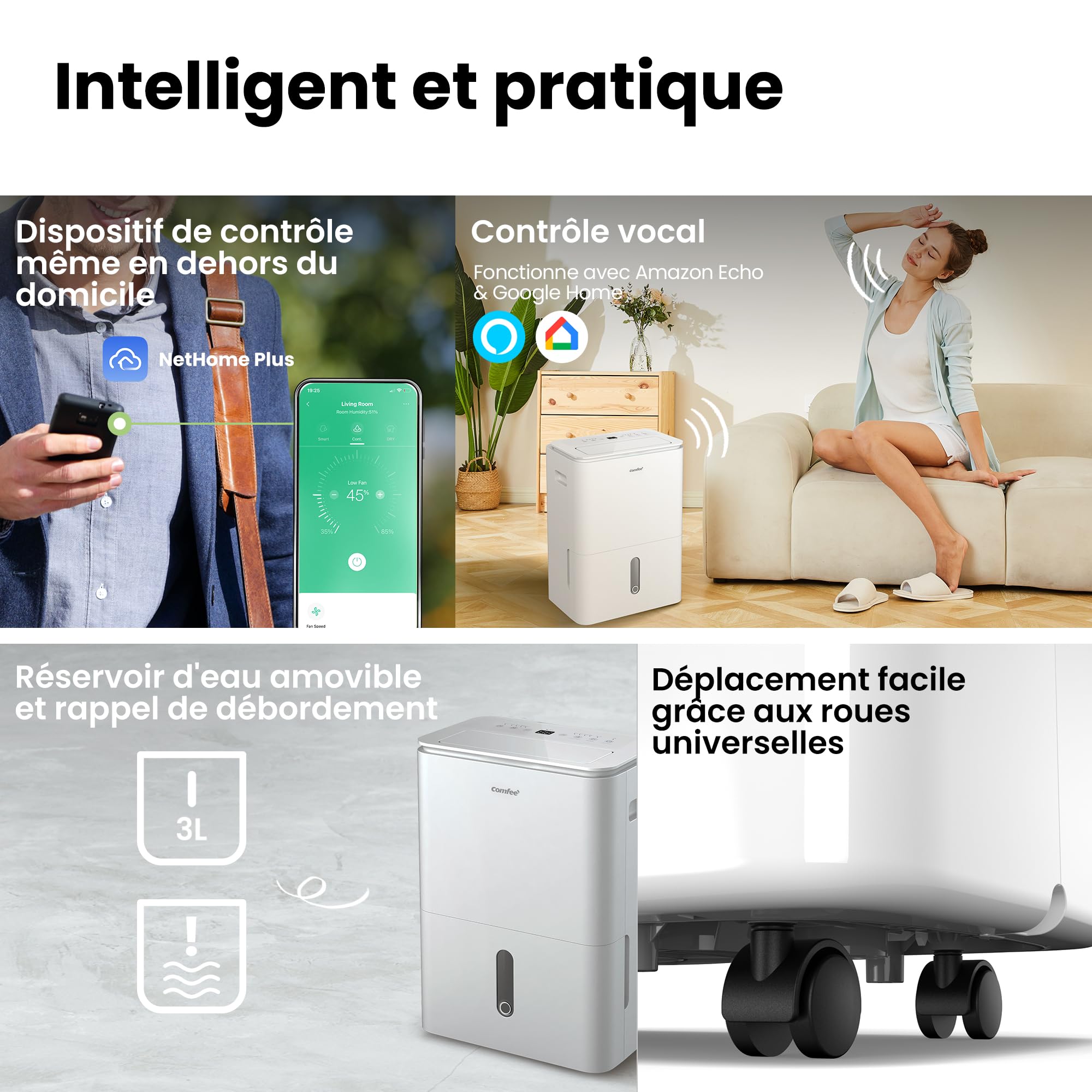 COMFEE' Déshumidificateur Easy Dry 20L/jour, 4 Modes, Deshumidificateur d'air Connecté, Réservoire 3L, Sèche-Linge, Fonction Swing, Pour pièce de 40㎡/100m