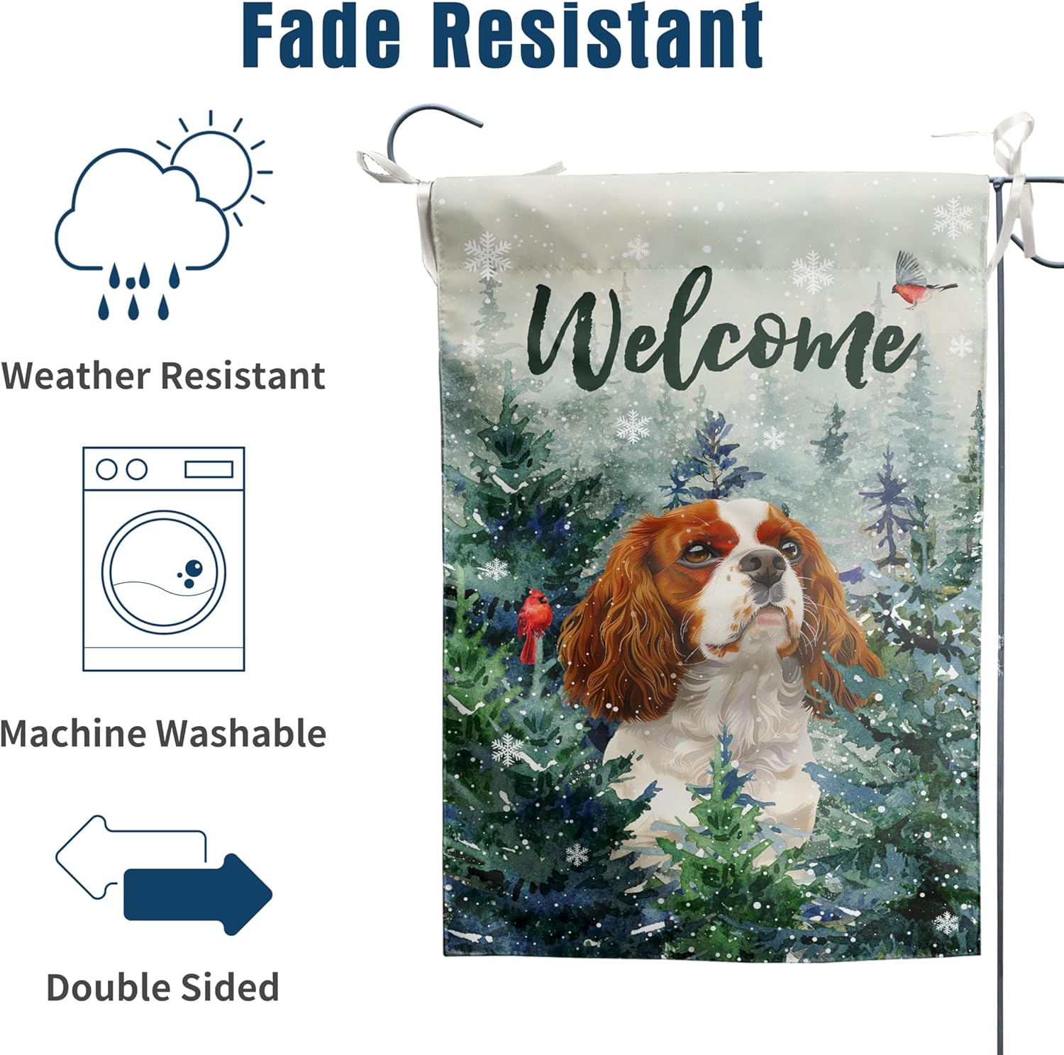 Welcome Winter Garden Flags Cavalier King Charles Spaniel Garden Flag Cardinal Birds on Snowy Pine Tree Flag Dog Yard Flags for Outside 12x18 Double Sided Christmas Decorative Lawn Flags - Image 4
